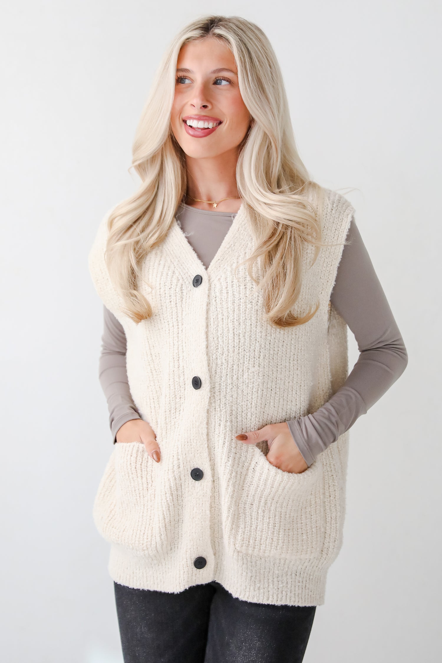 Cuddly Perfection Oatmeal Fuzzy Knit Sweater Vest