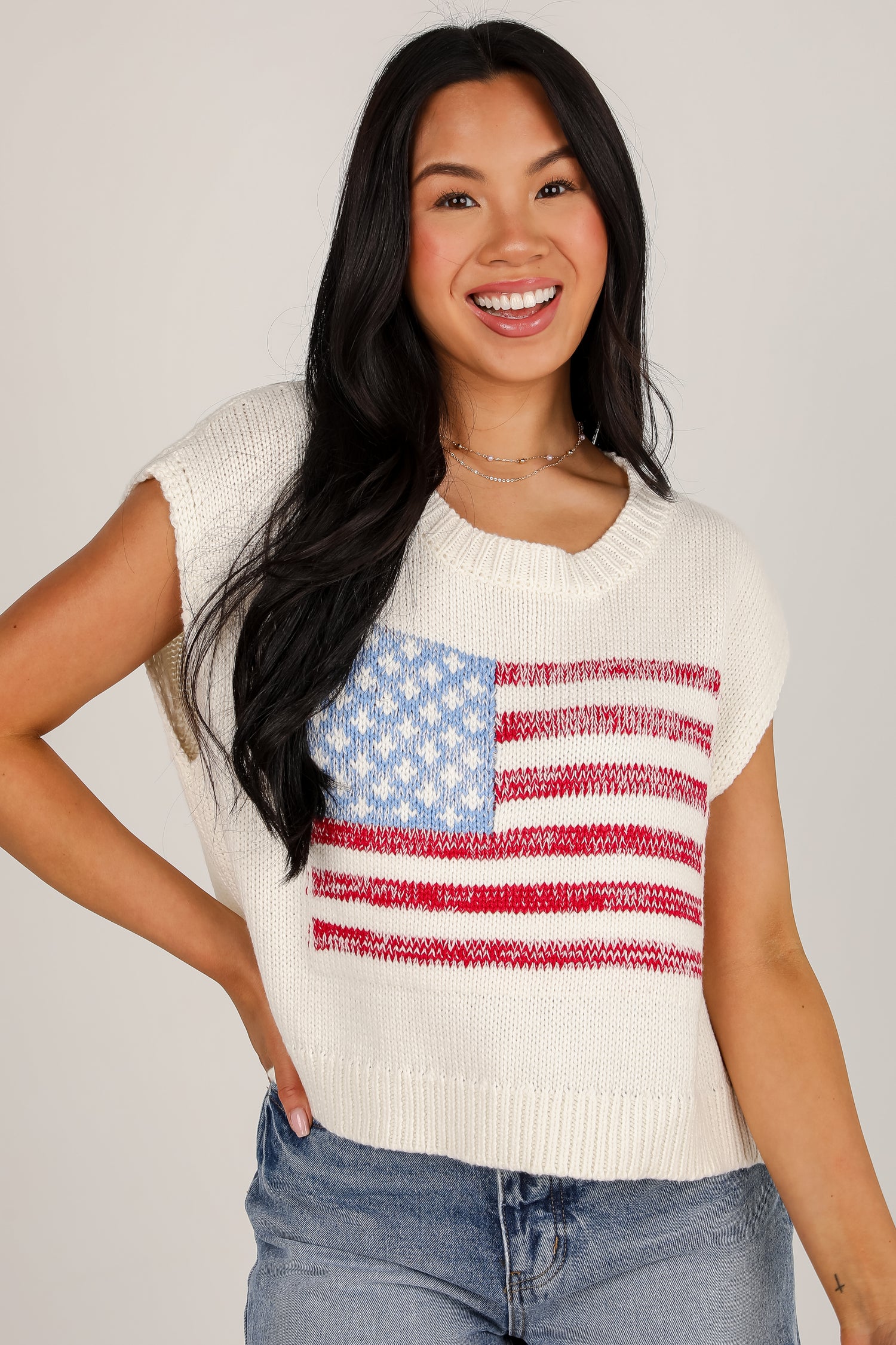 Miss Liberty Off White American Flag Knit Top