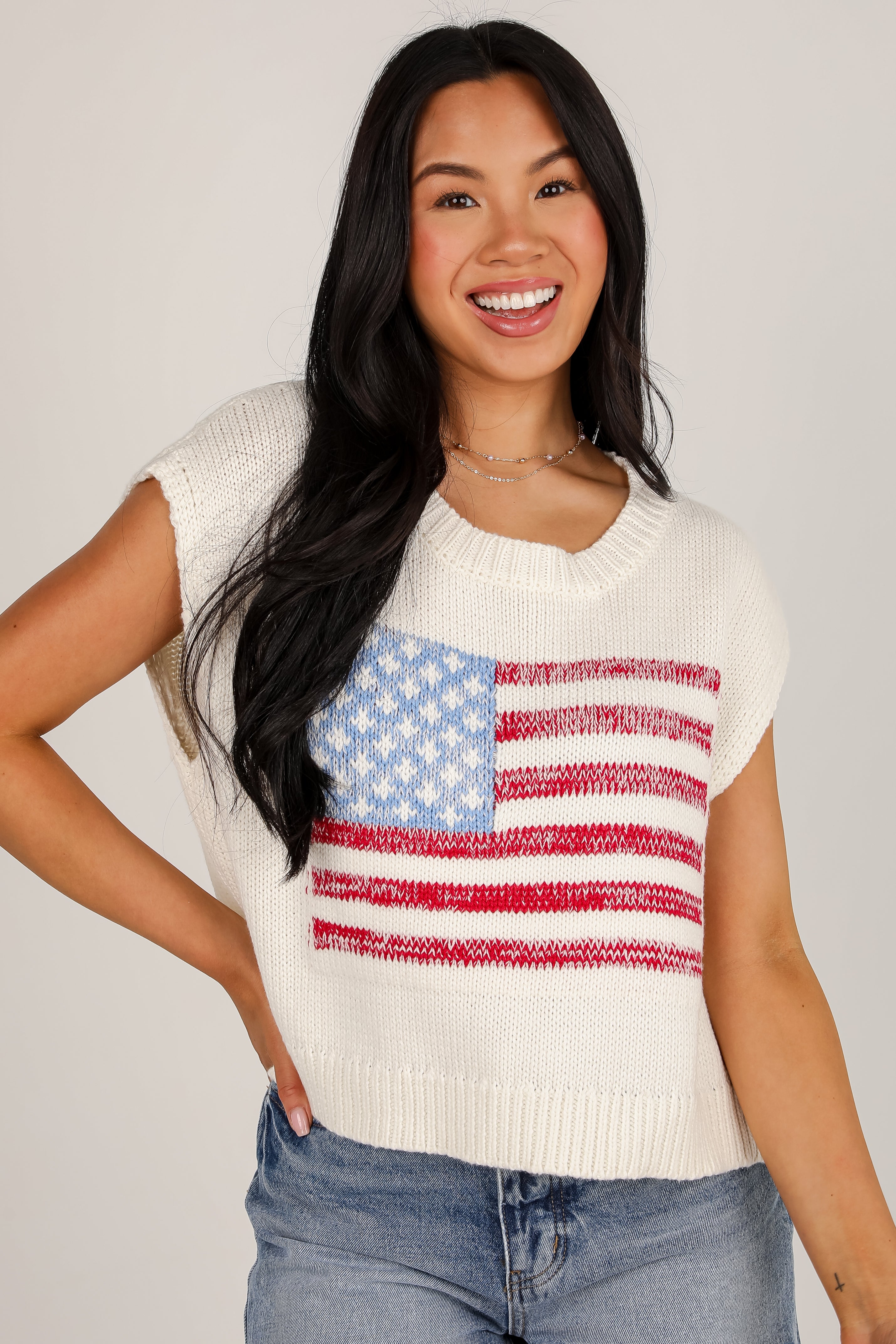 Miss Liberty Off White American Flag Knit Top