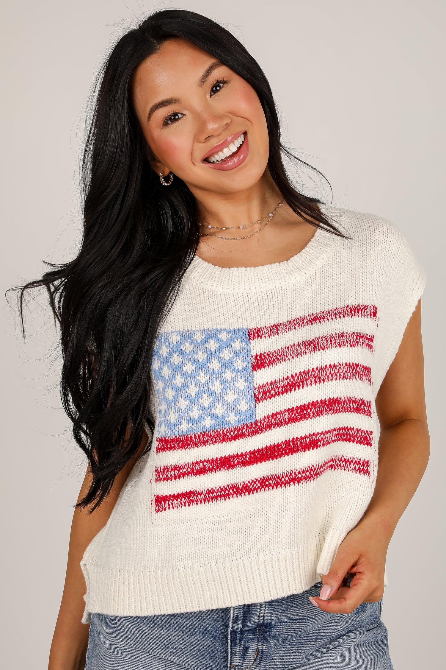 Miss Liberty Off White American Flag Knit Top