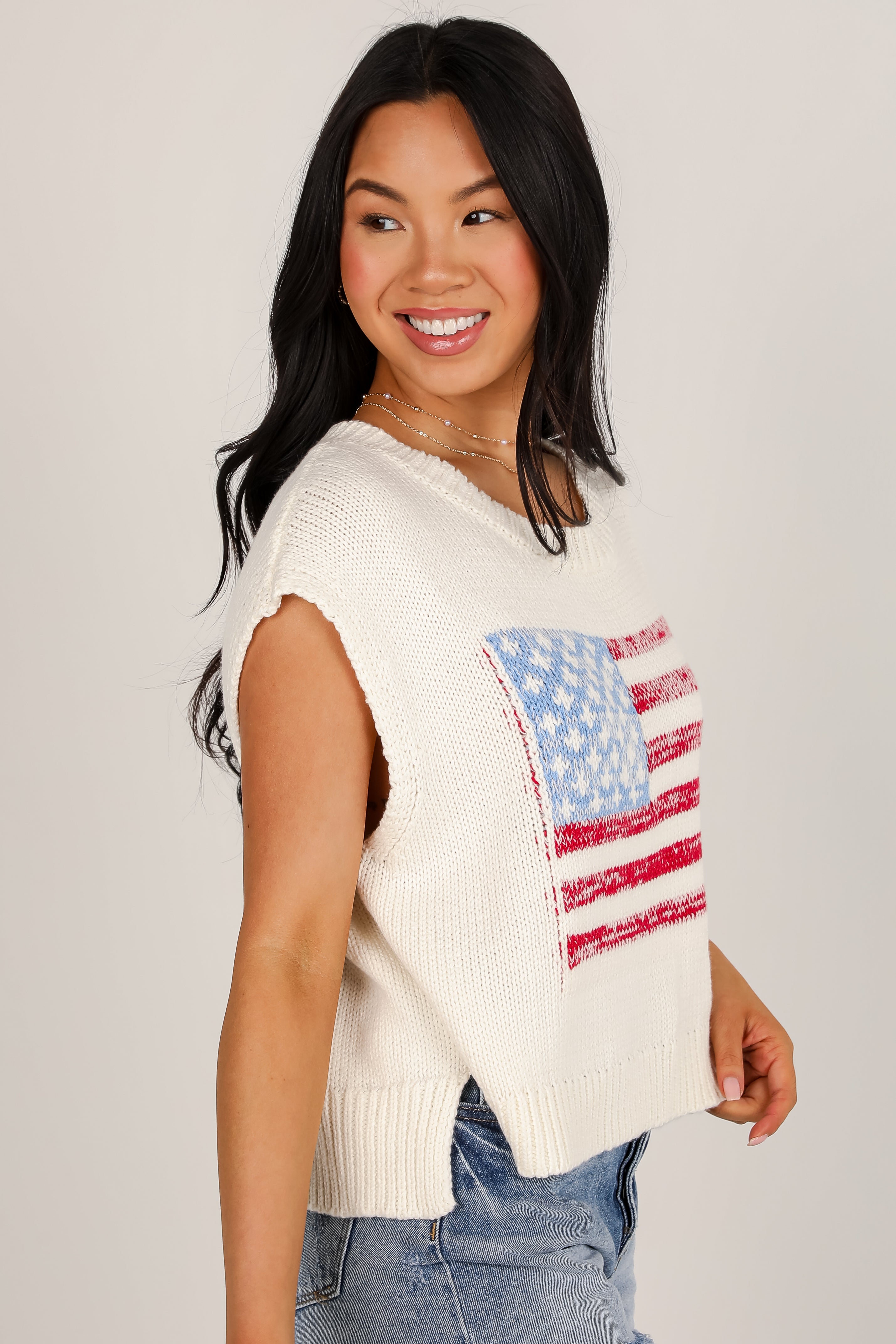 Miss Liberty Off White American Flag Knit Top