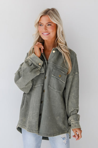 Impeccable Style Olive Acid Wash Button-Up Top