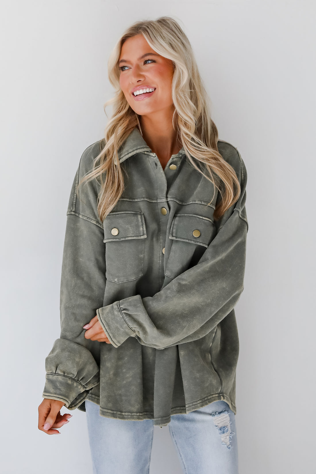 Impeccable Style Olive Acid Wash Button-Up Top