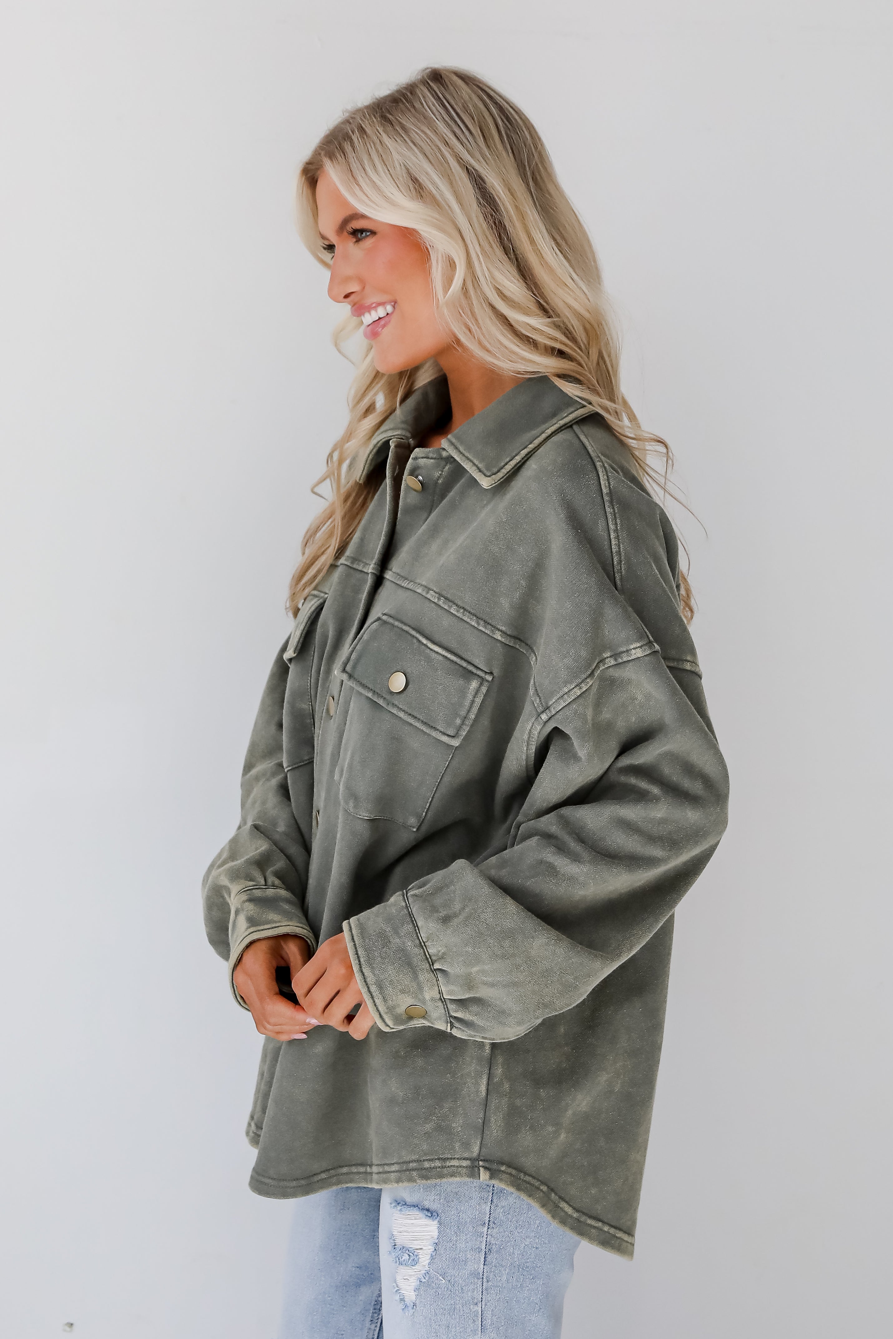 Impeccable Style Olive Acid Wash Button-Up Top