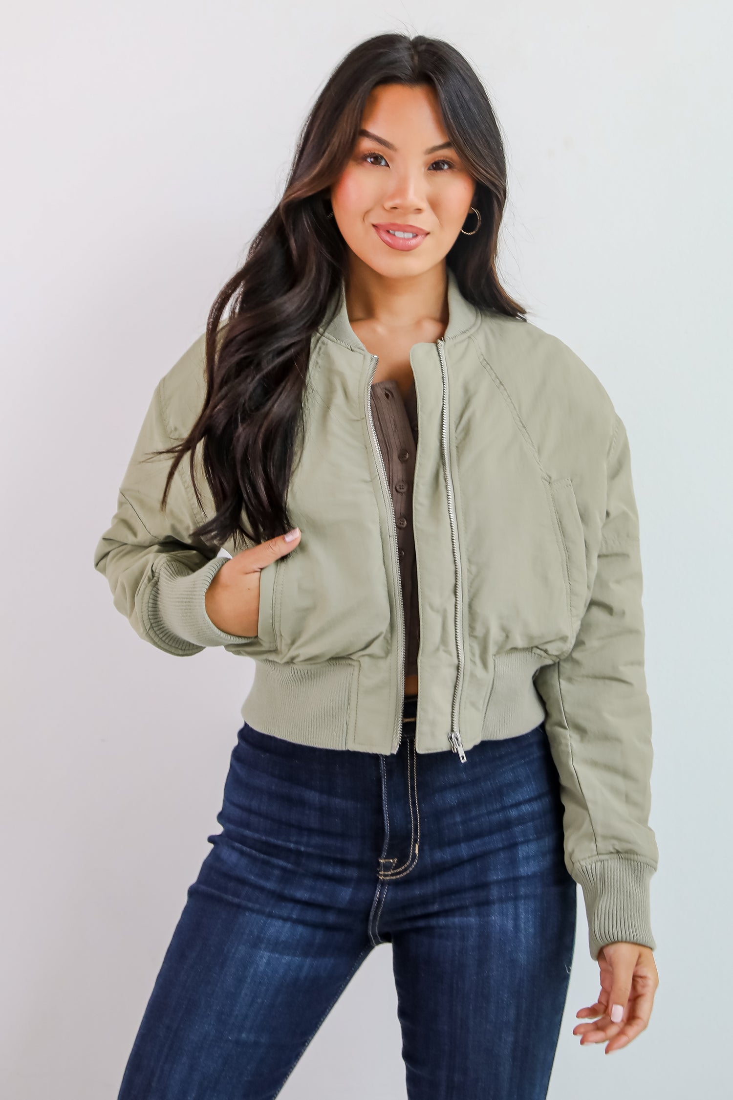 Cool Impulse Light Olive Cropped Bomber Jacket