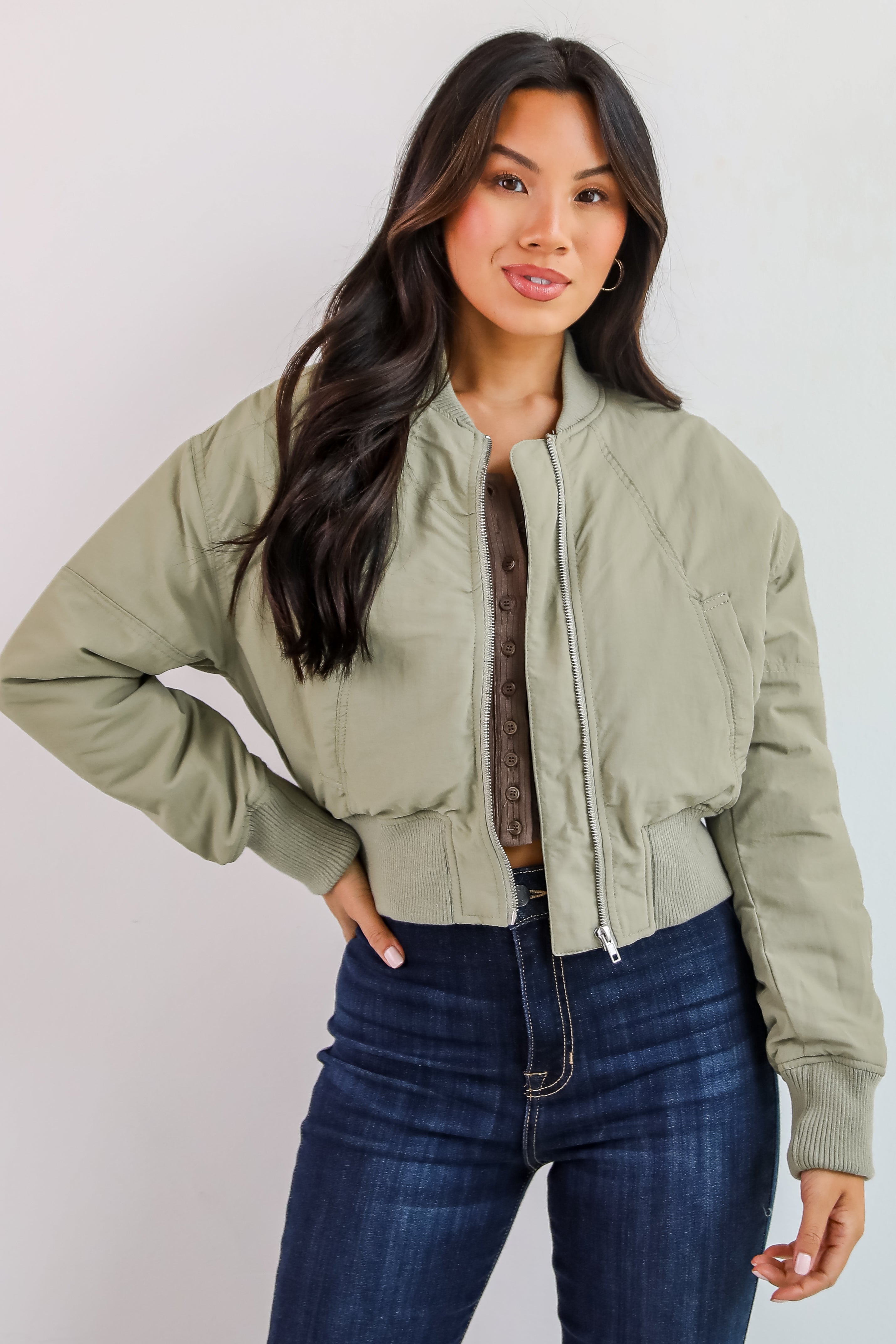 Cool Impulse Light Olive Cropped Bomber Jacket