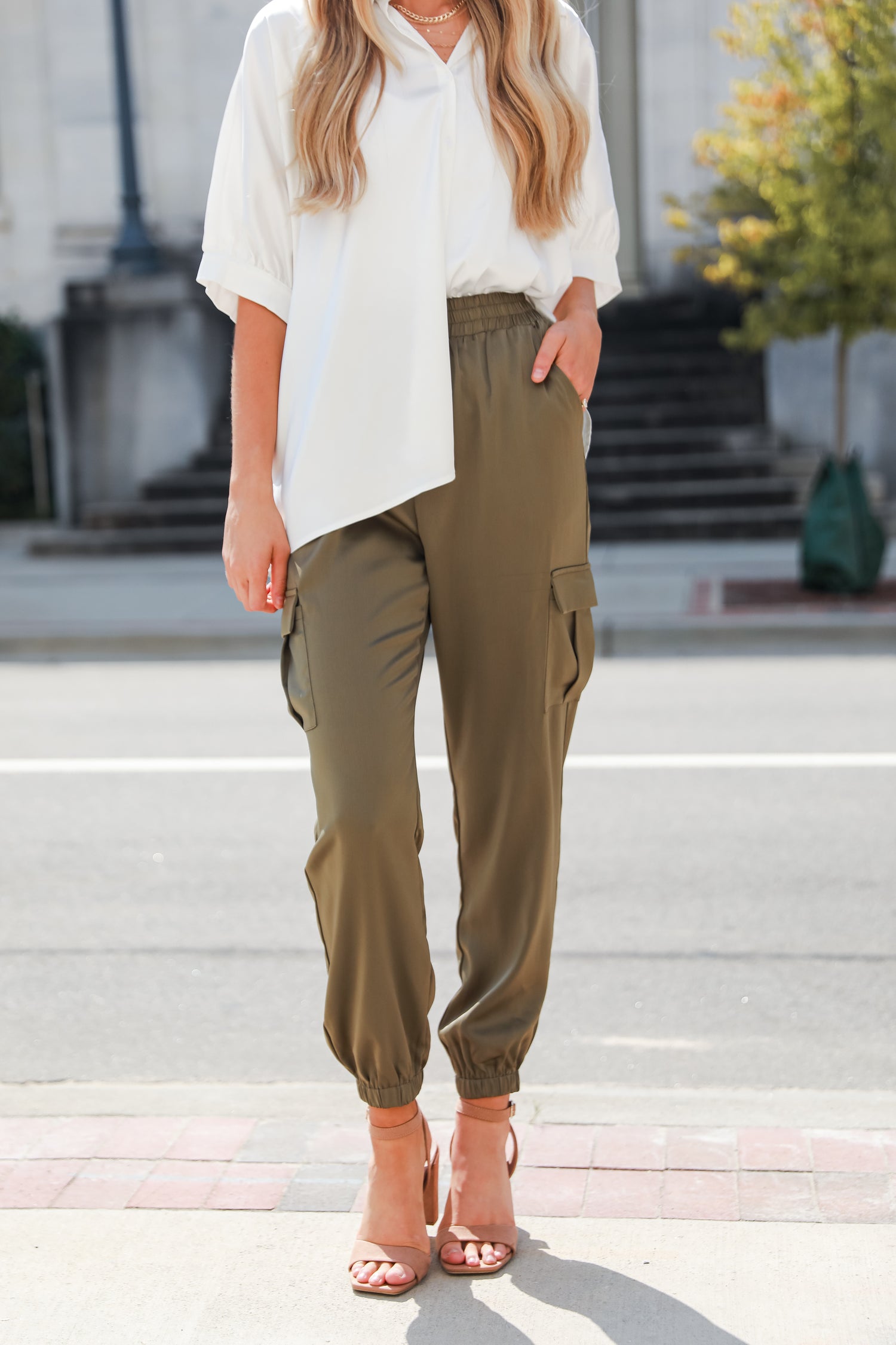 olive Satin Cargo Joggers