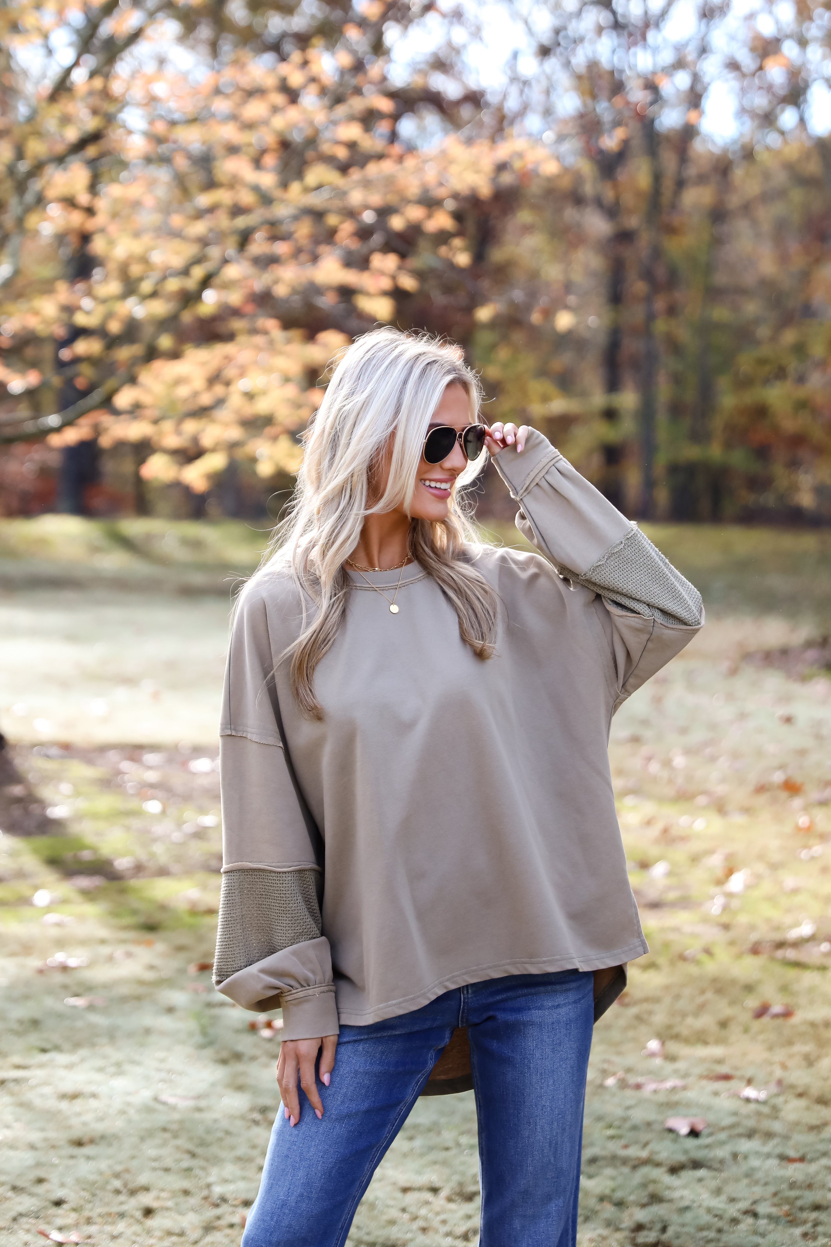 Casual Allure Olive Contrast Sleeve Top