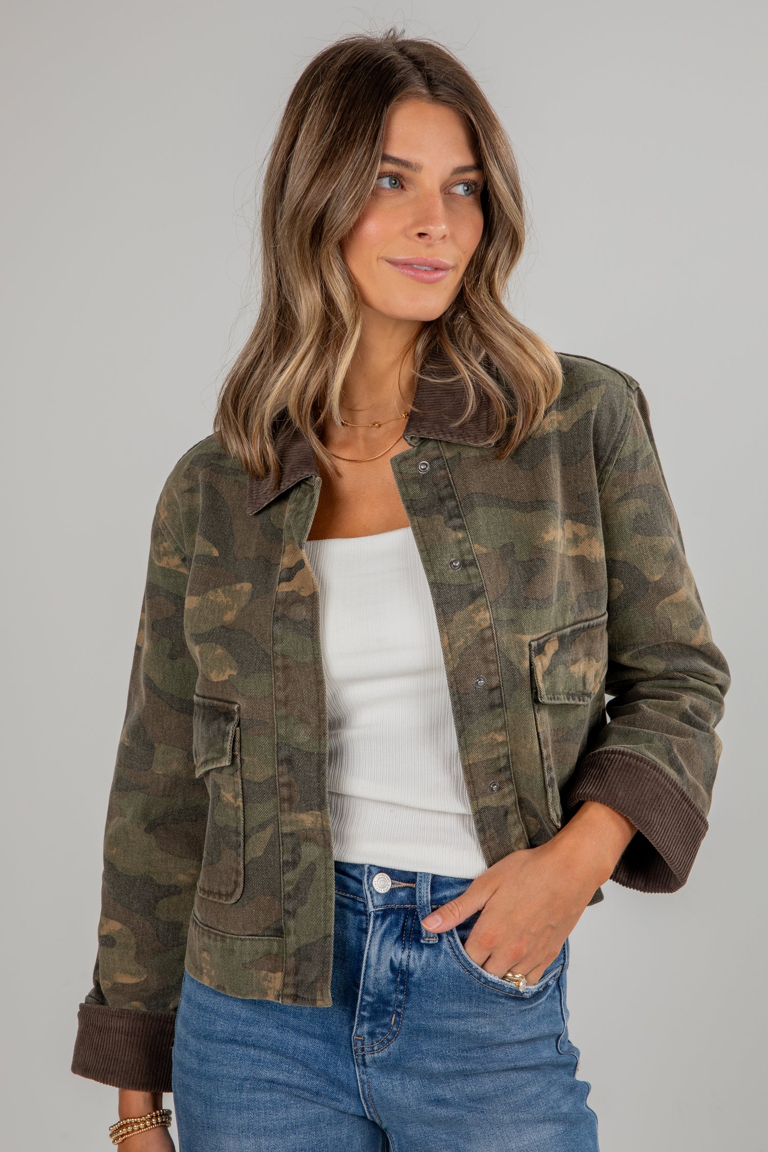 Woman wearing a camouflage jacket over a white top and blue jeans on a gray background