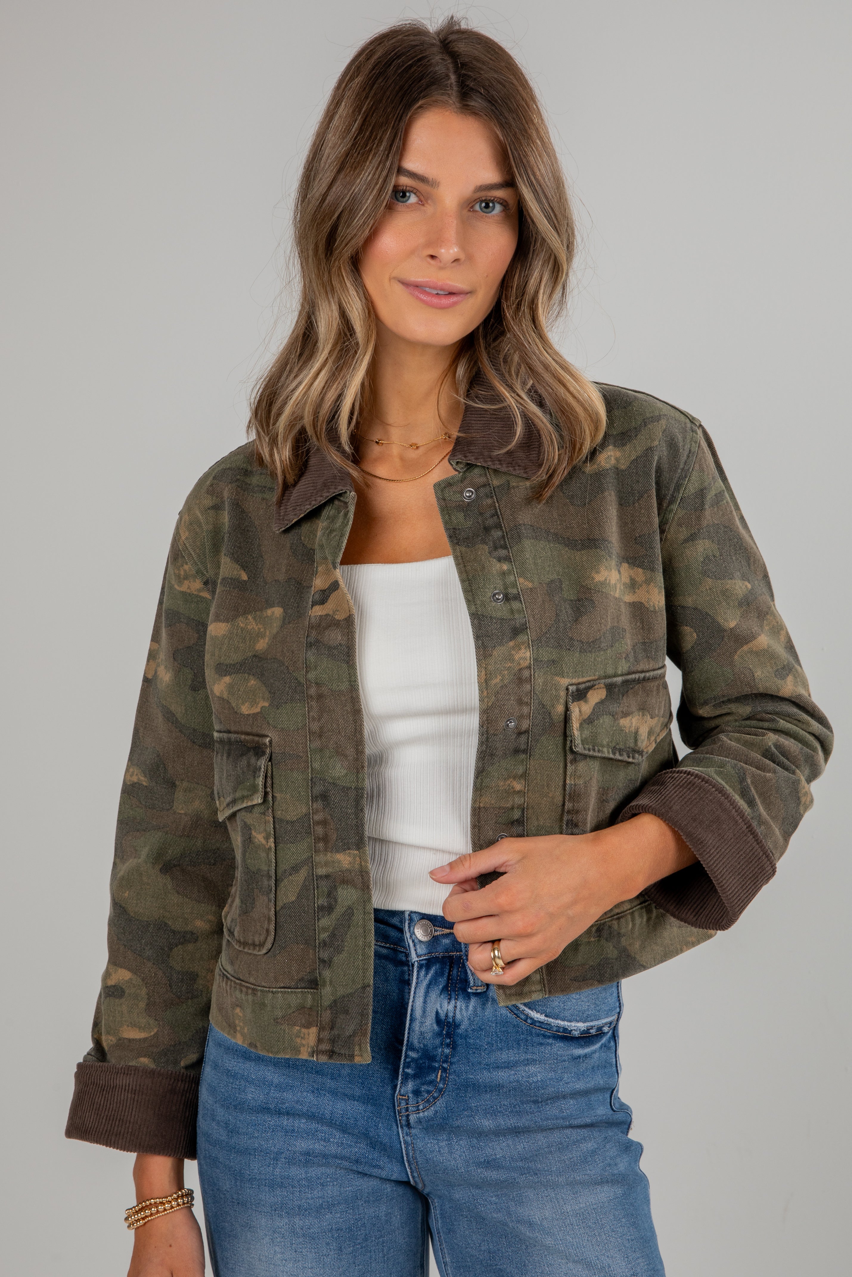 Woman wearing a camouflage jacket, white top, and blue jeans on a gray background