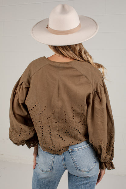 A woman viewed from behind wearing a brown eyelet blouse with voluminous sleeves, paired with light blue jeans and a cream wide-brim hat against a white paneled wall.