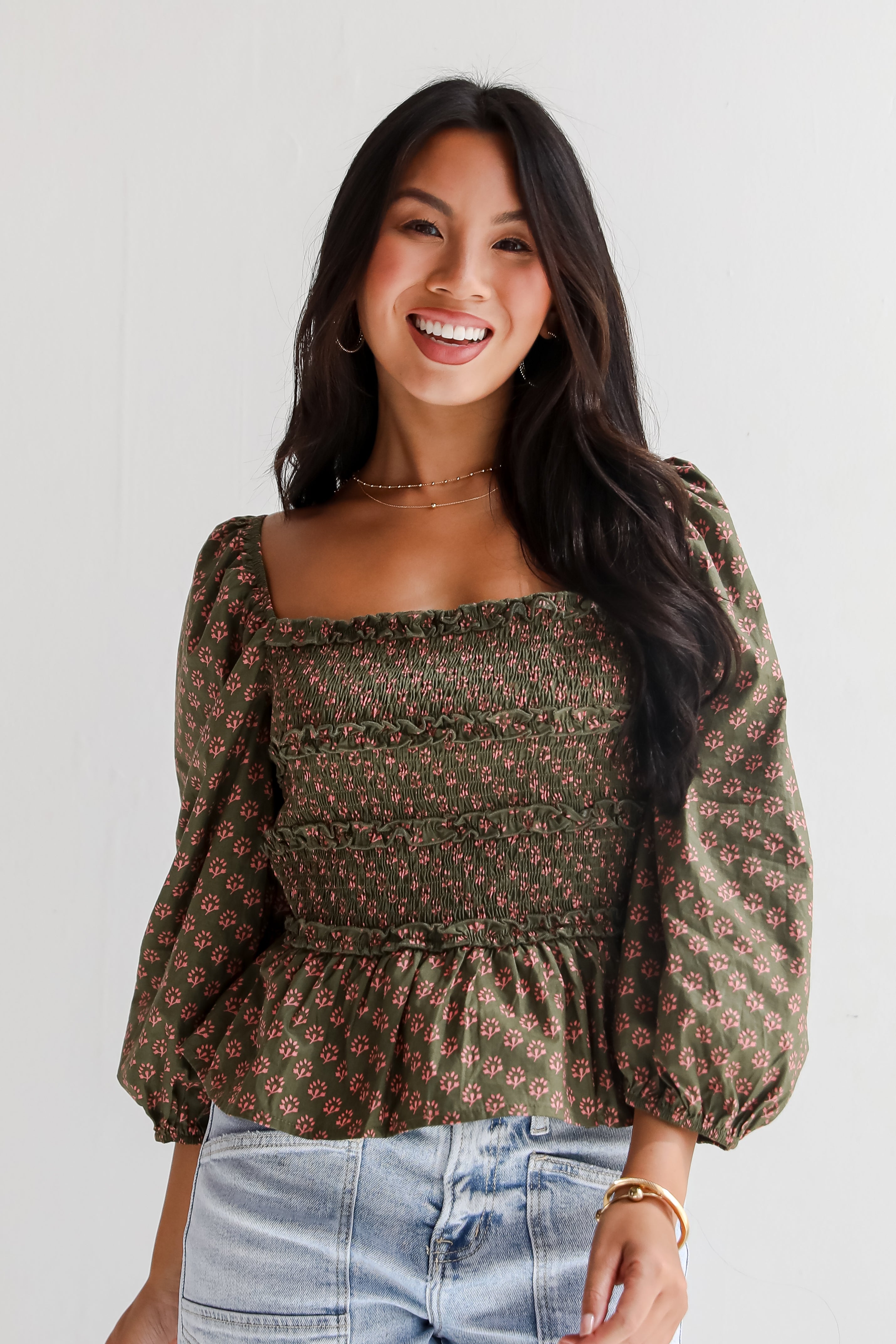 No One Cuter Olive Floral Smocked Blouse