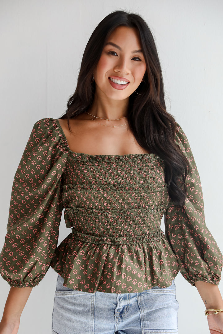 No One Cuter Olive Floral Smocked Blouse