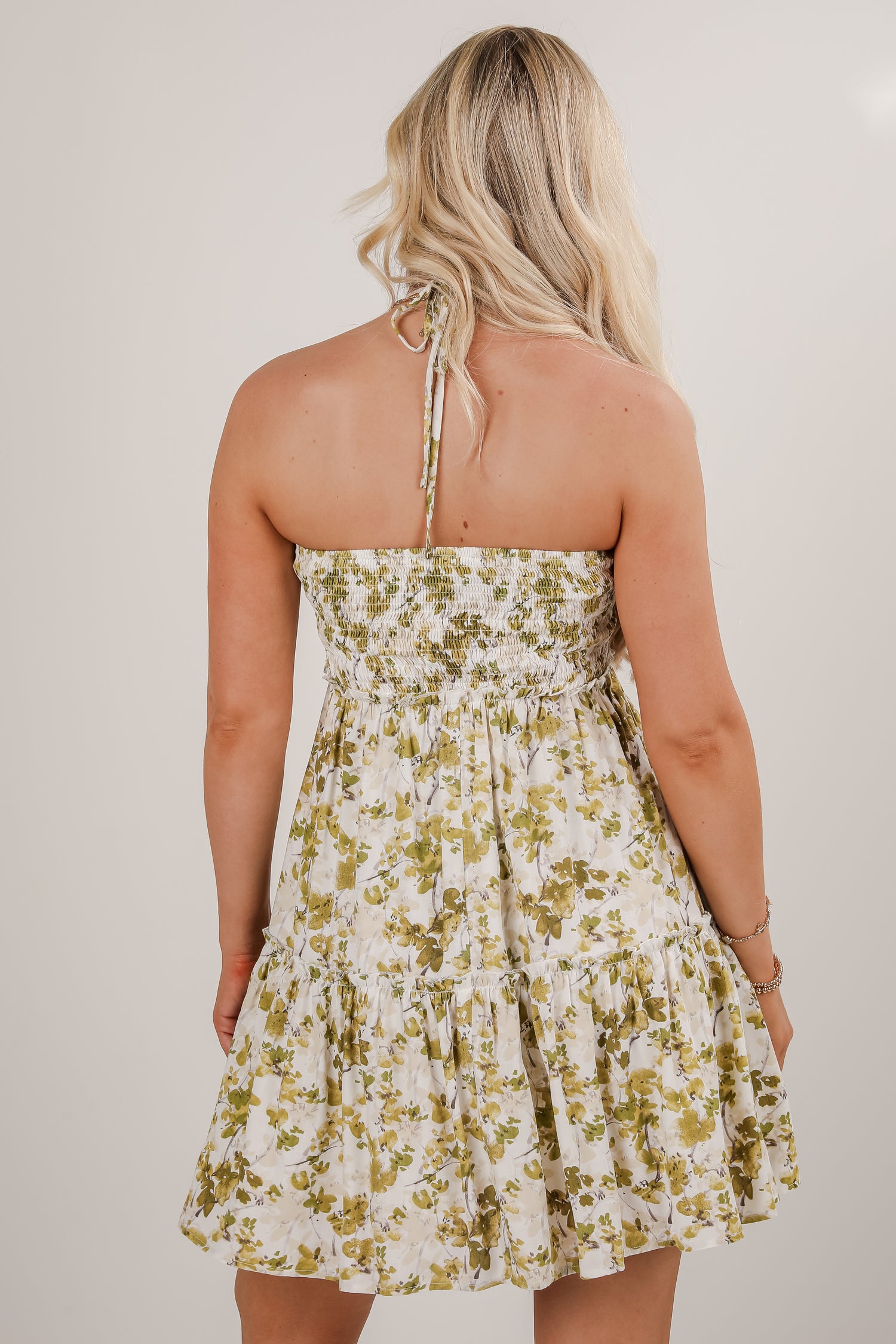 Falling In Love Light Olive Floral Halter Mini Dress