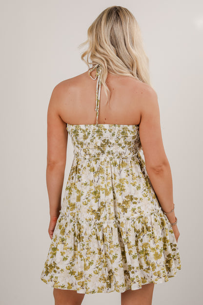 Falling In Love Light Olive Floral Halter Mini Dress