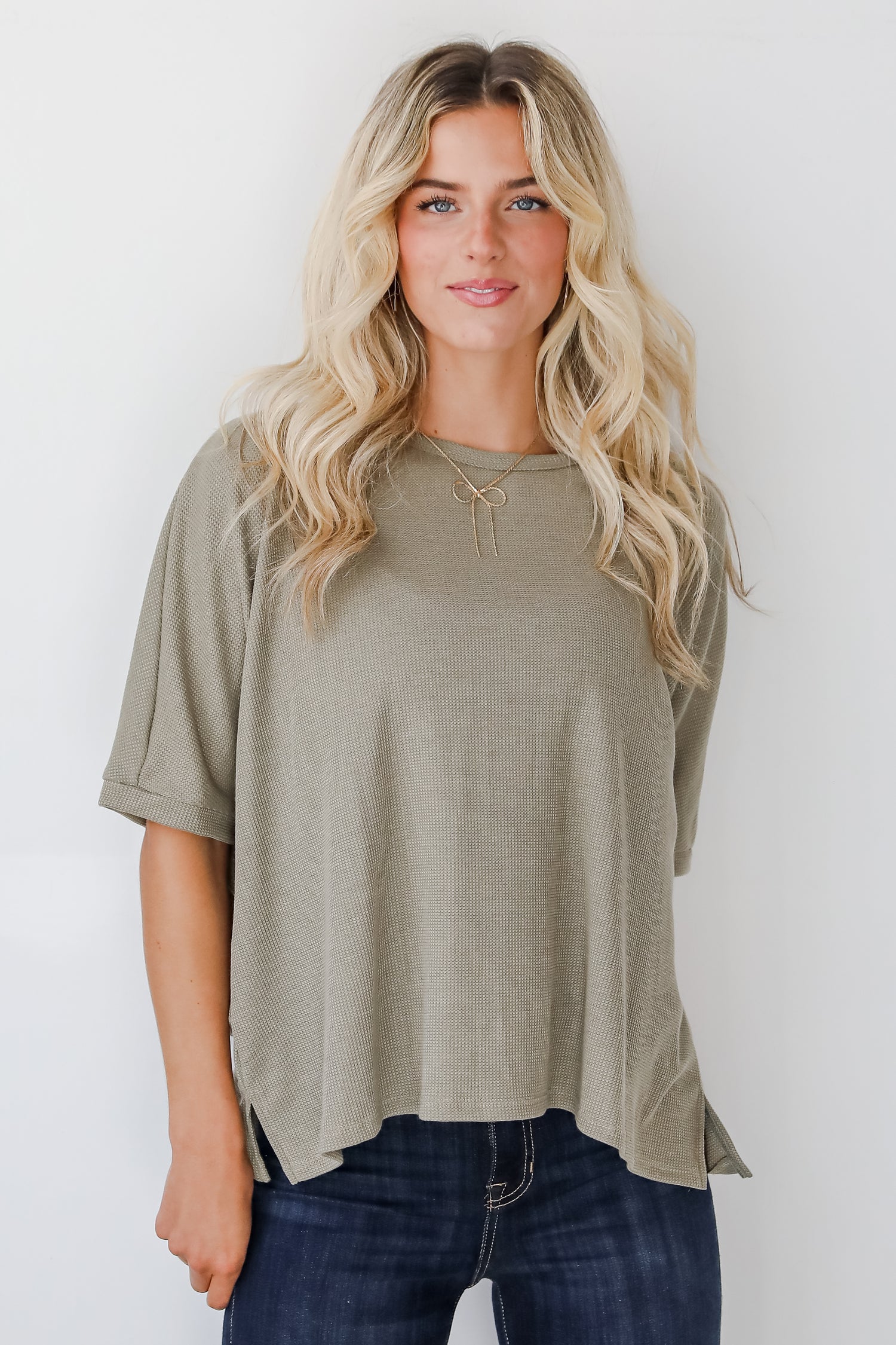 Missy Olive Waffle Knit Top