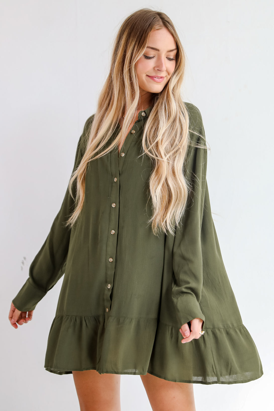 Approachably Adorable Olive Button Front Mini Dress