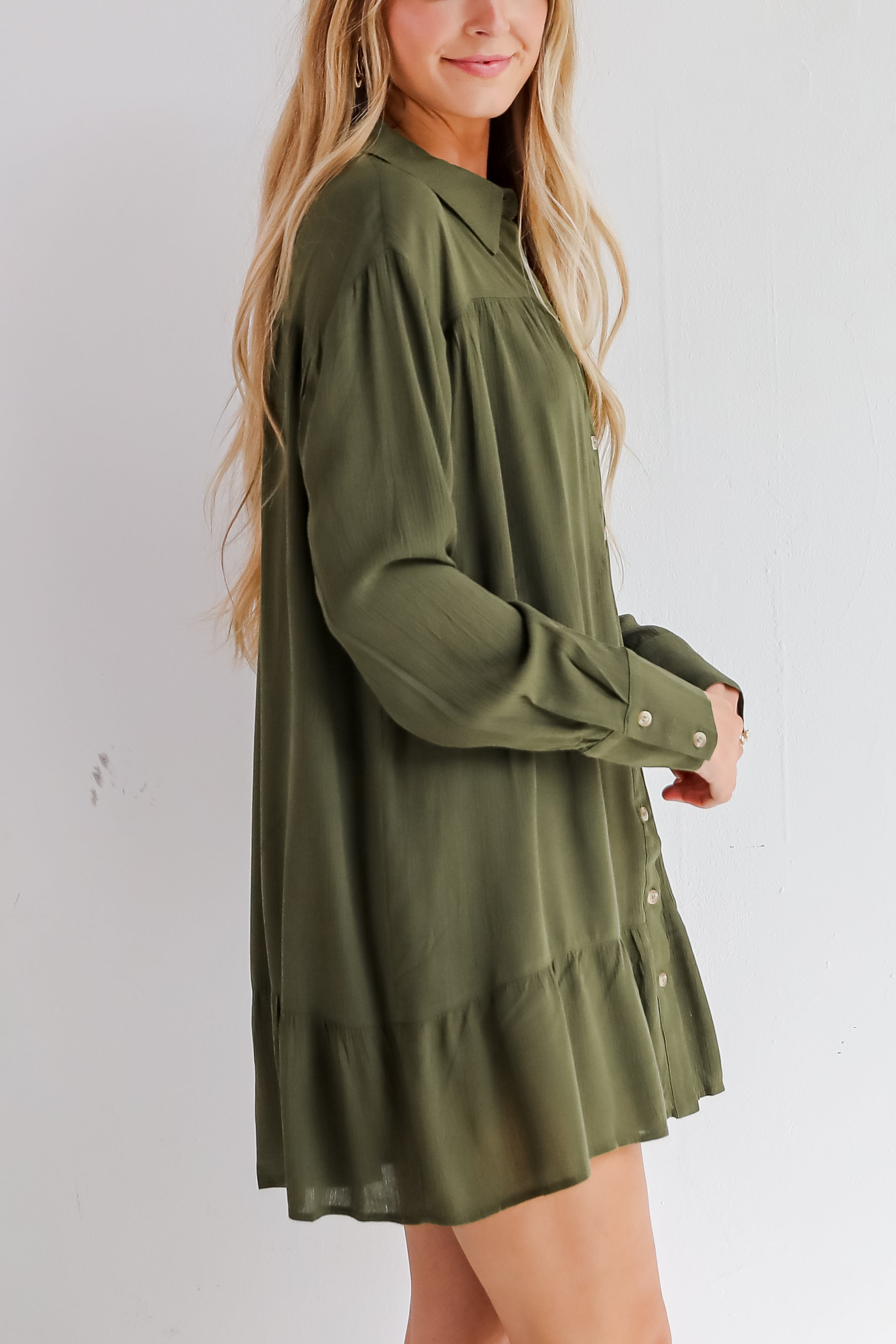 Approachably Adorable Olive Button Front Mini Dress