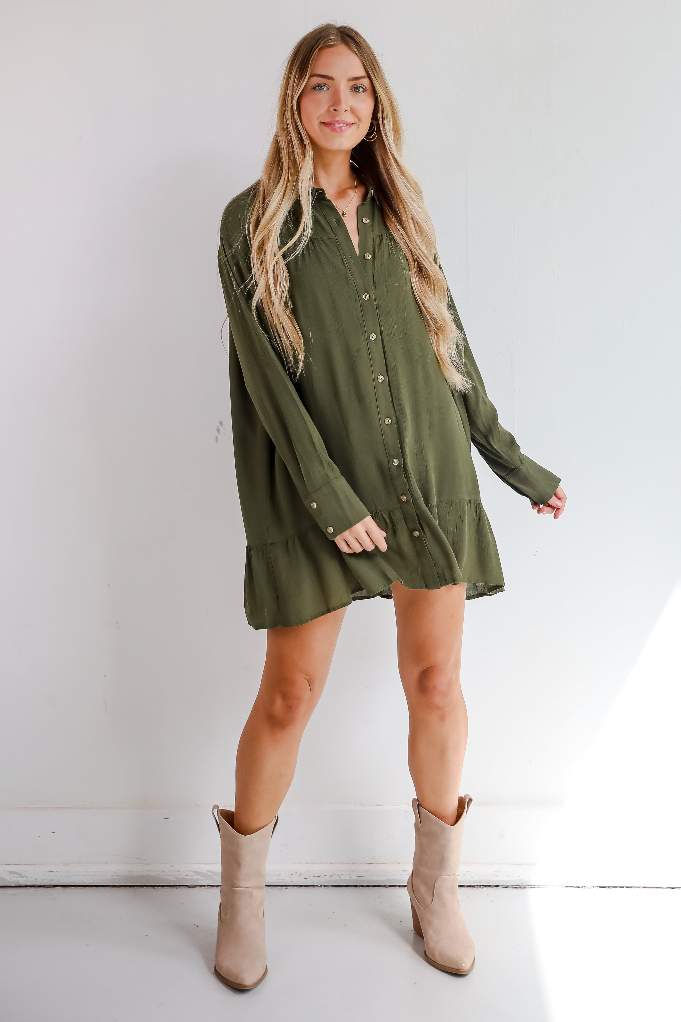 Approachably Adorable Olive Button Front Mini Dress