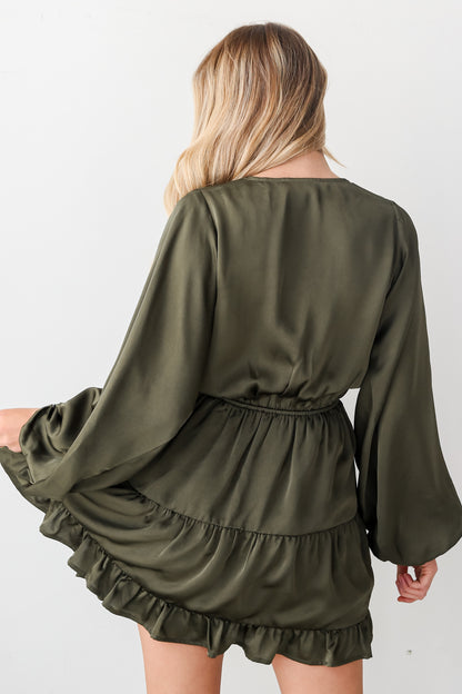 Olive Satin Mini Dress back view