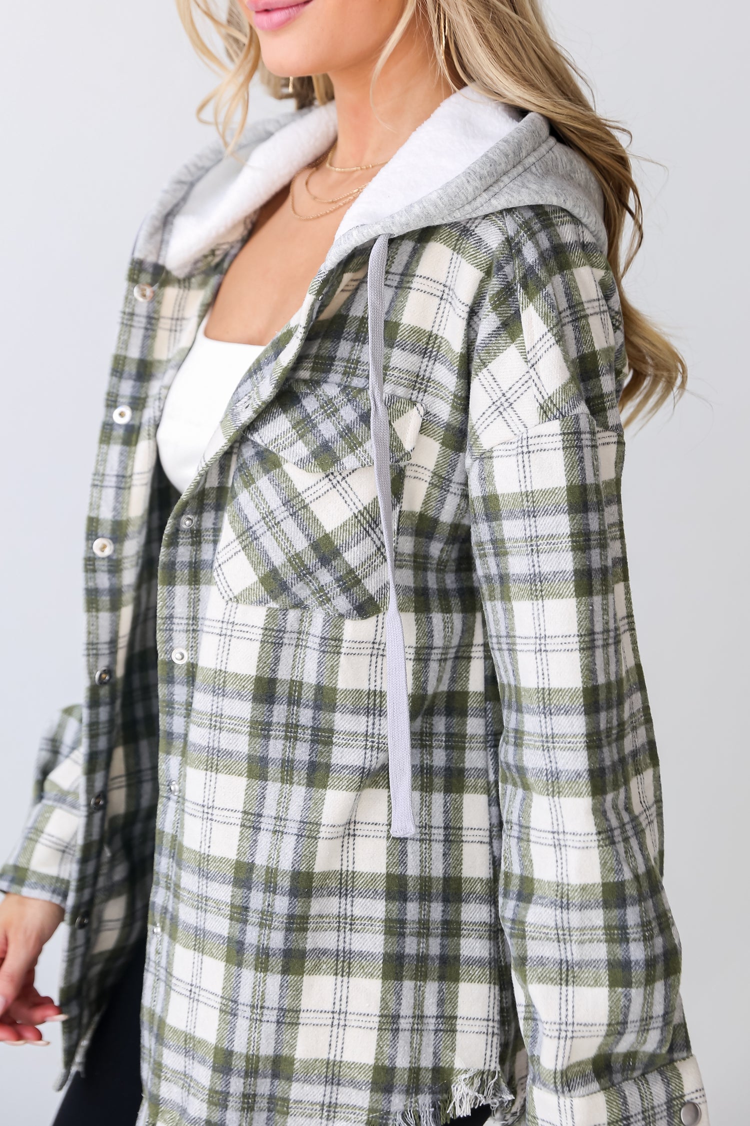 Olive Plaid Hooded Shacket close up