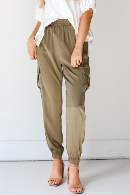 olive Satin Cargo Joggers close up