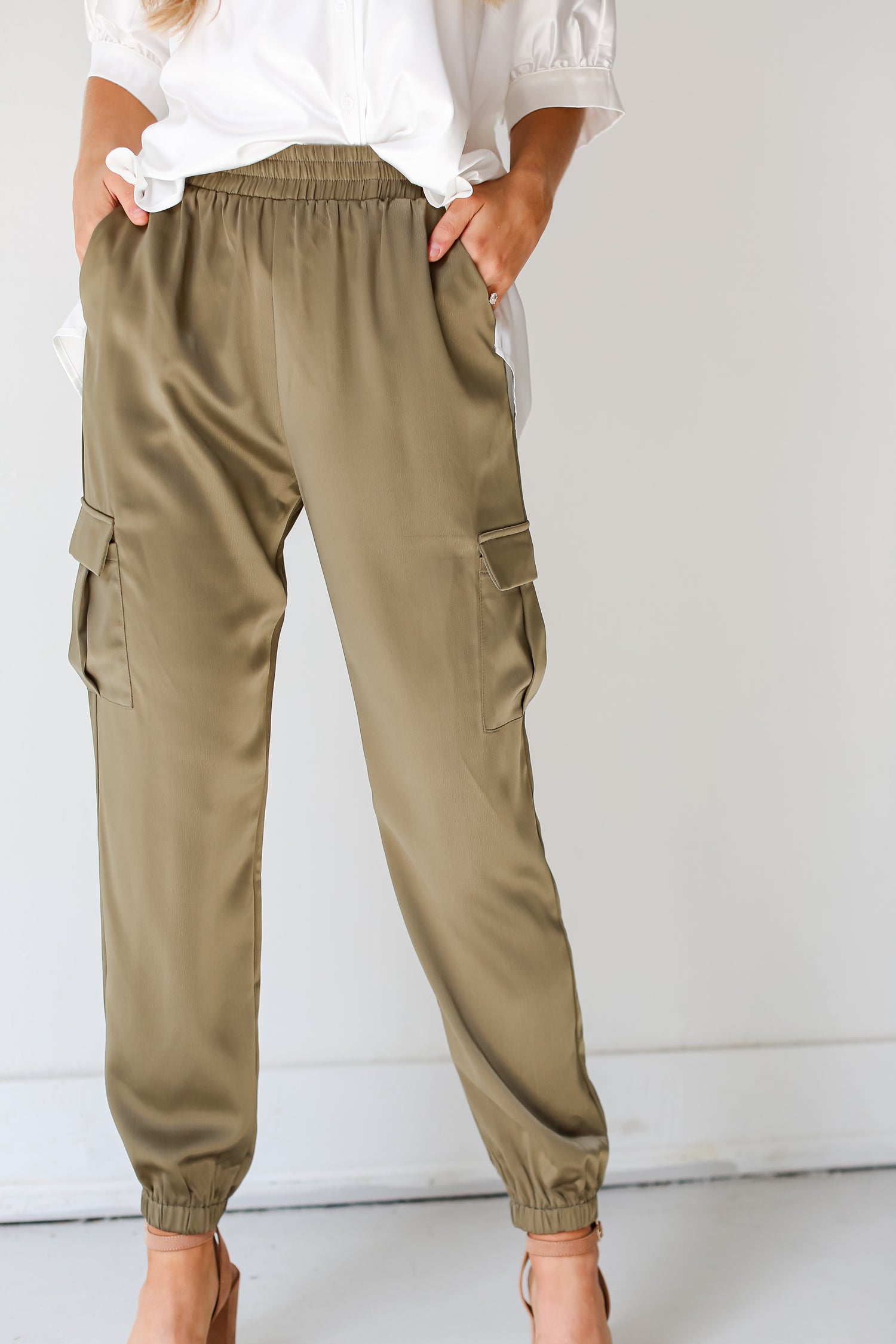 olive Satin Cargo Joggers close up front view