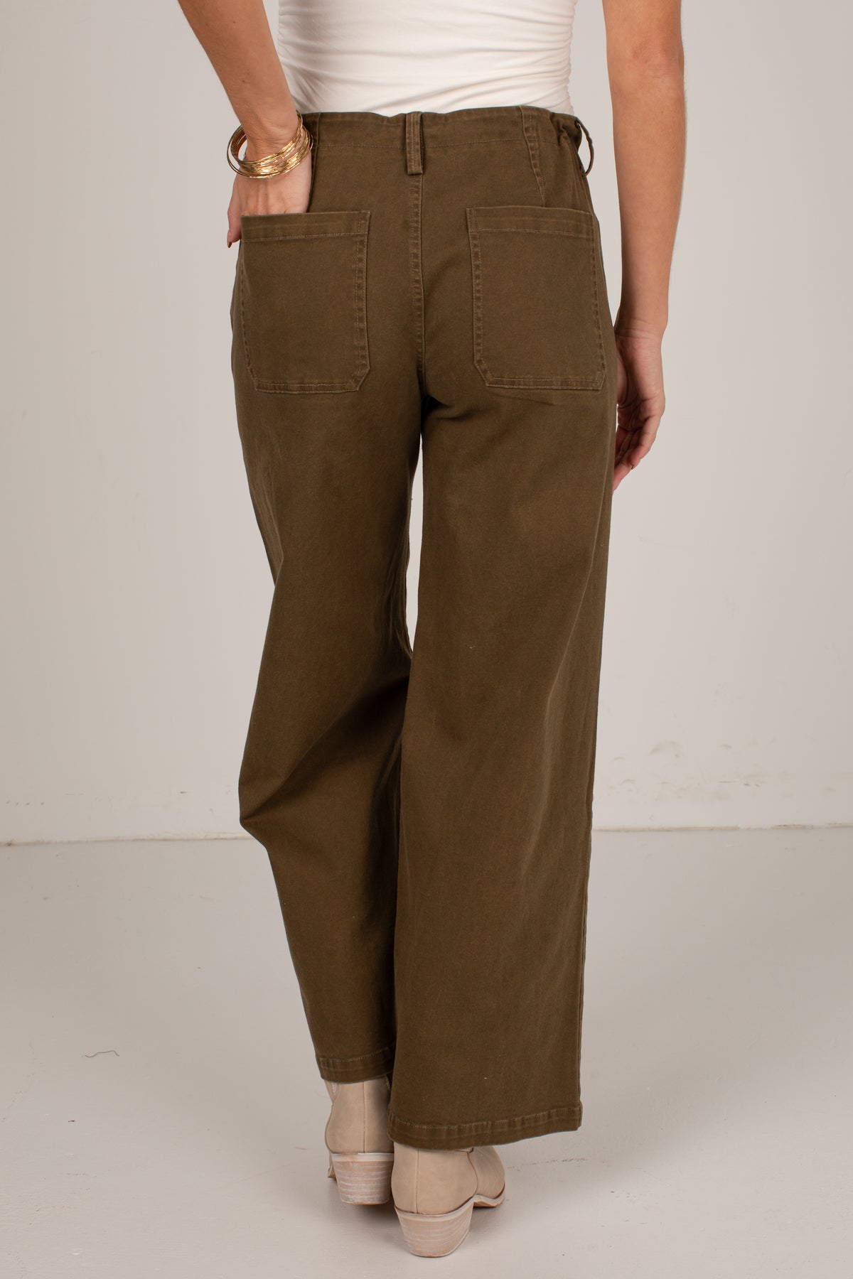 A person shown from the back wearing olive brown wide-leg pants, a white ribbed top, and beige heels against a plain light gray studio background.
