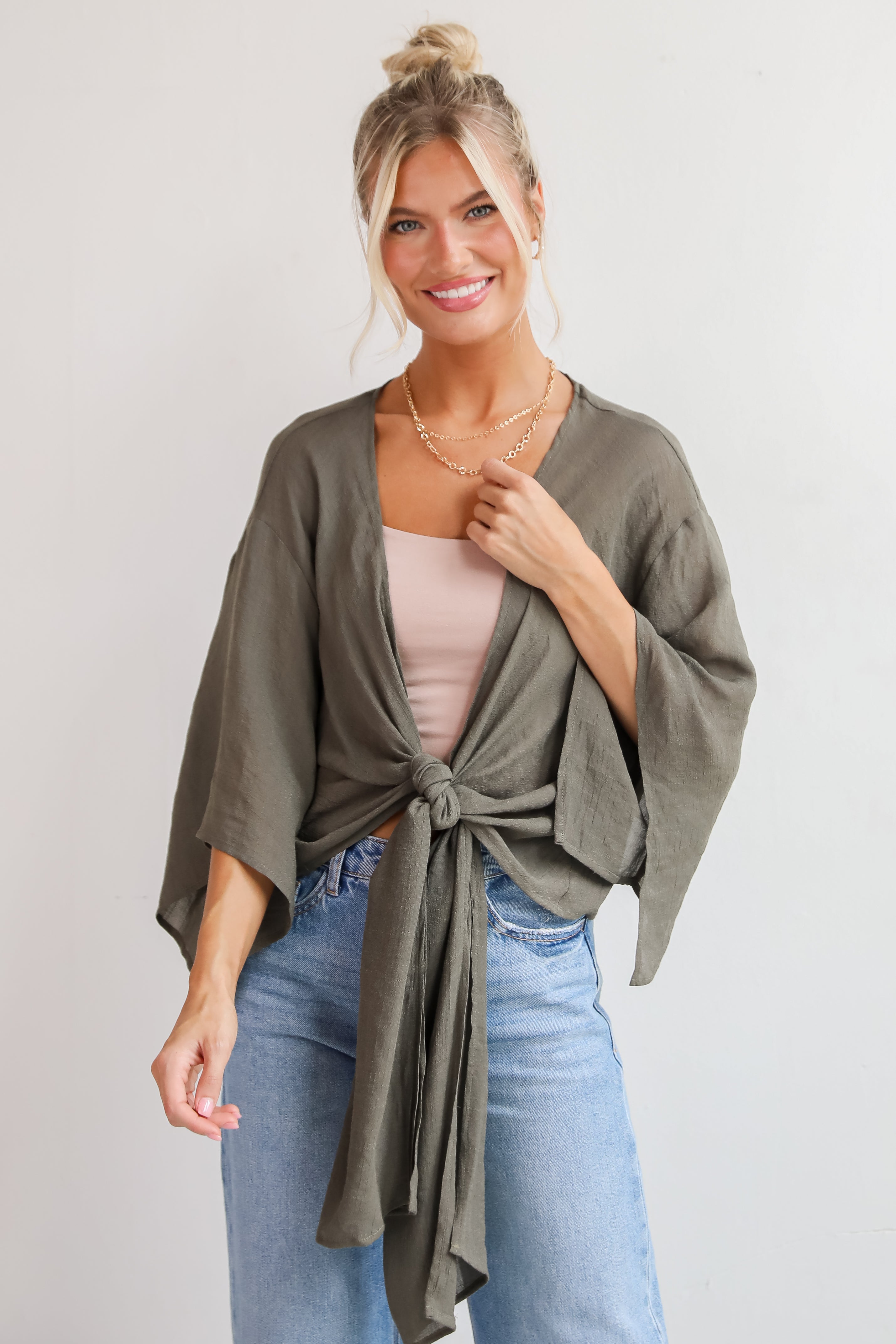 Enchanting Presence Olive Tie-Front Blouse