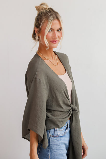 Enchanting Presence Olive Tie-Front Blouse