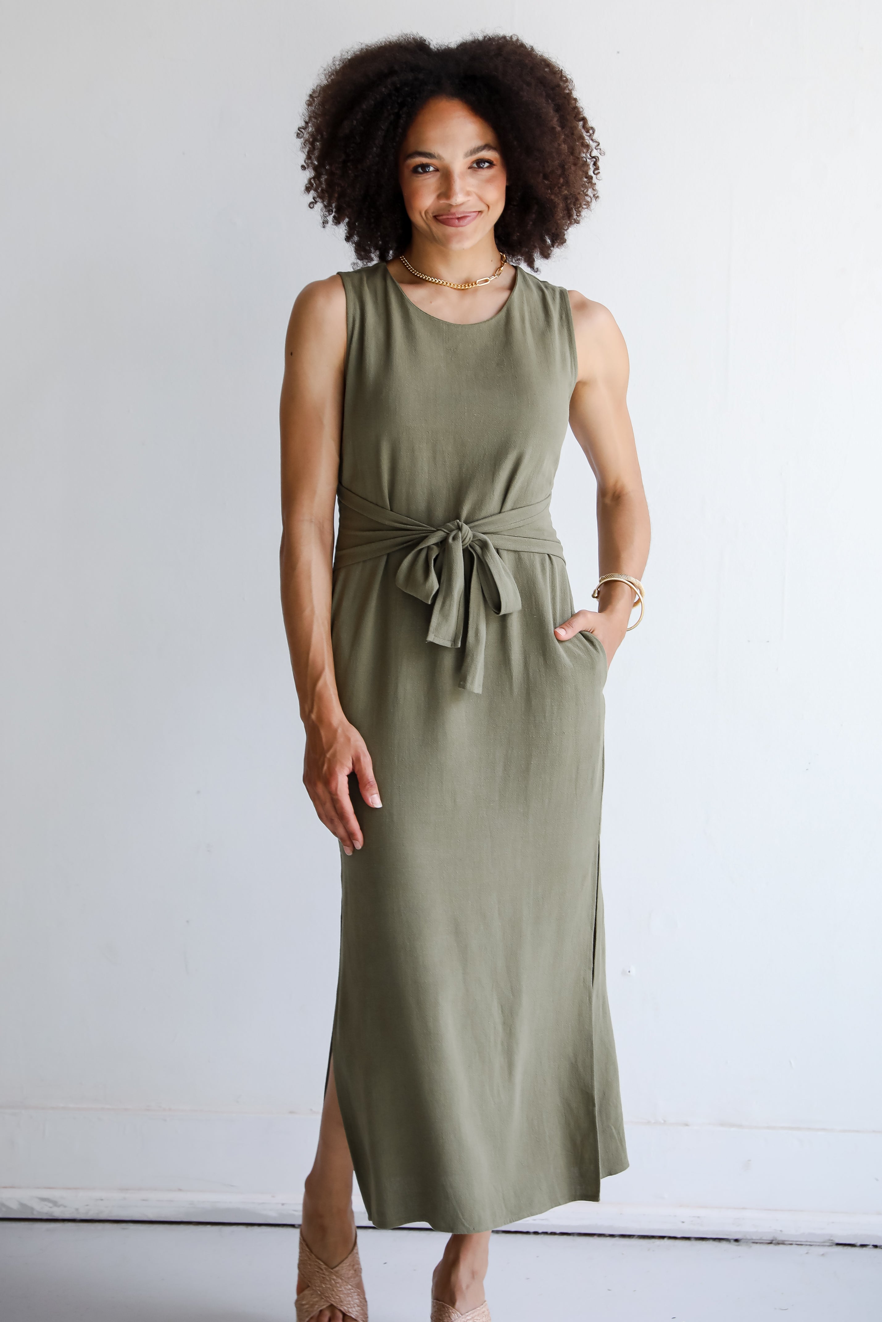 Olive Linen Tie-Front Maxi Dress