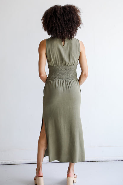 Olive Linen Tie-Front Maxi Dress