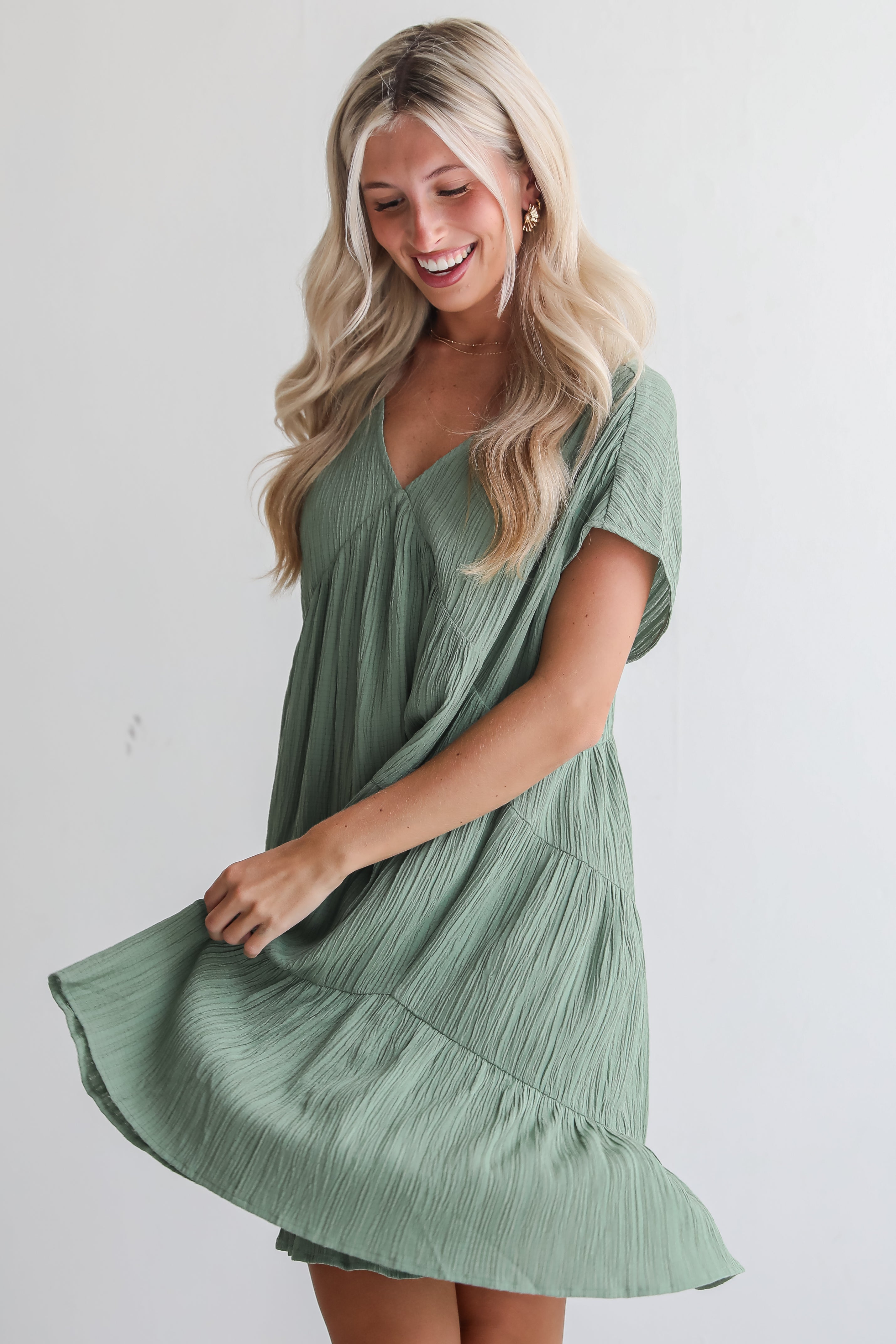 Pleasant Personality Olive Tiered Mini Dress