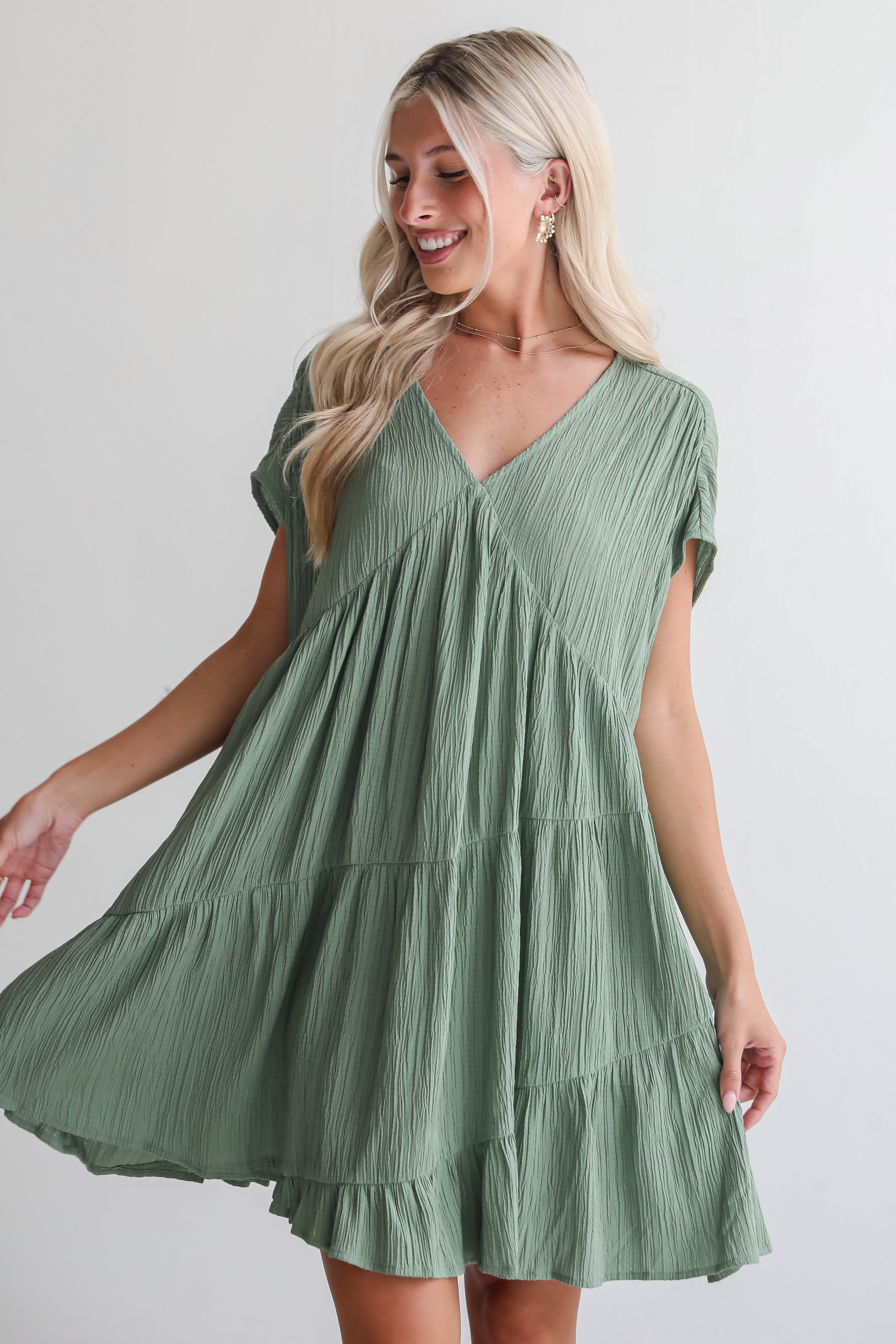 Pleasant Personality Olive Tiered Mini Dress