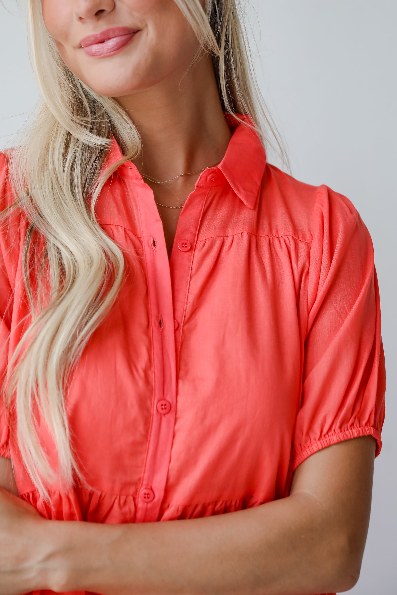 Sunshine Chic Coral Tiered Mini Dress