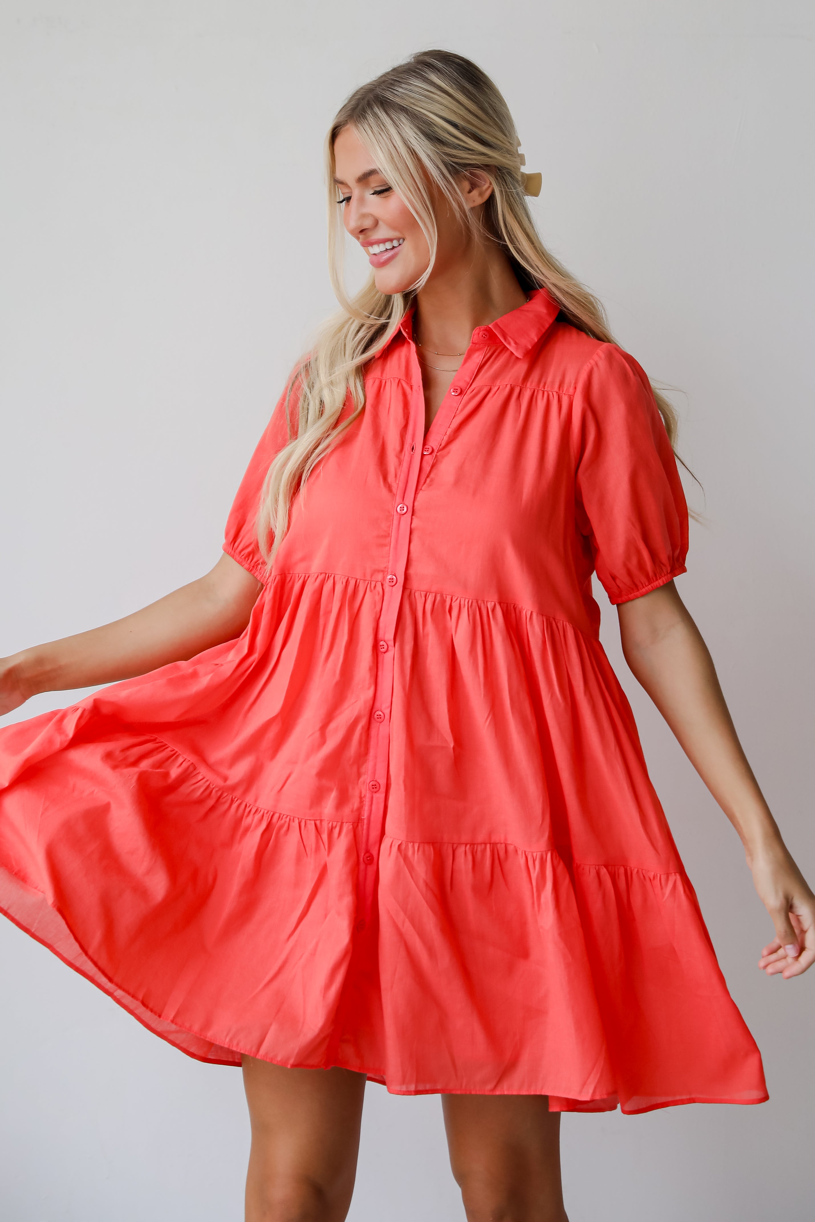 Sunshine Chic Coral Tiered Mini Dress