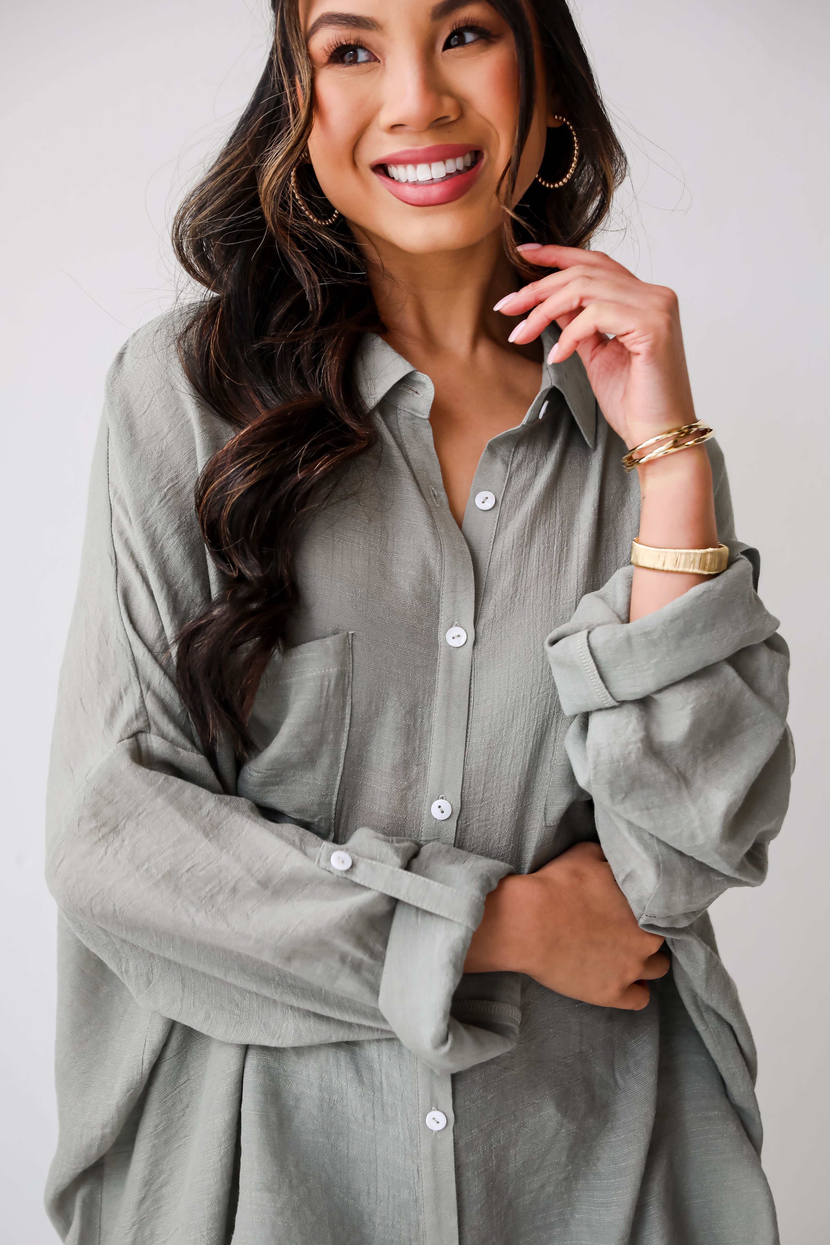 Kelsey Oversized Button-Up Blouse in olive green