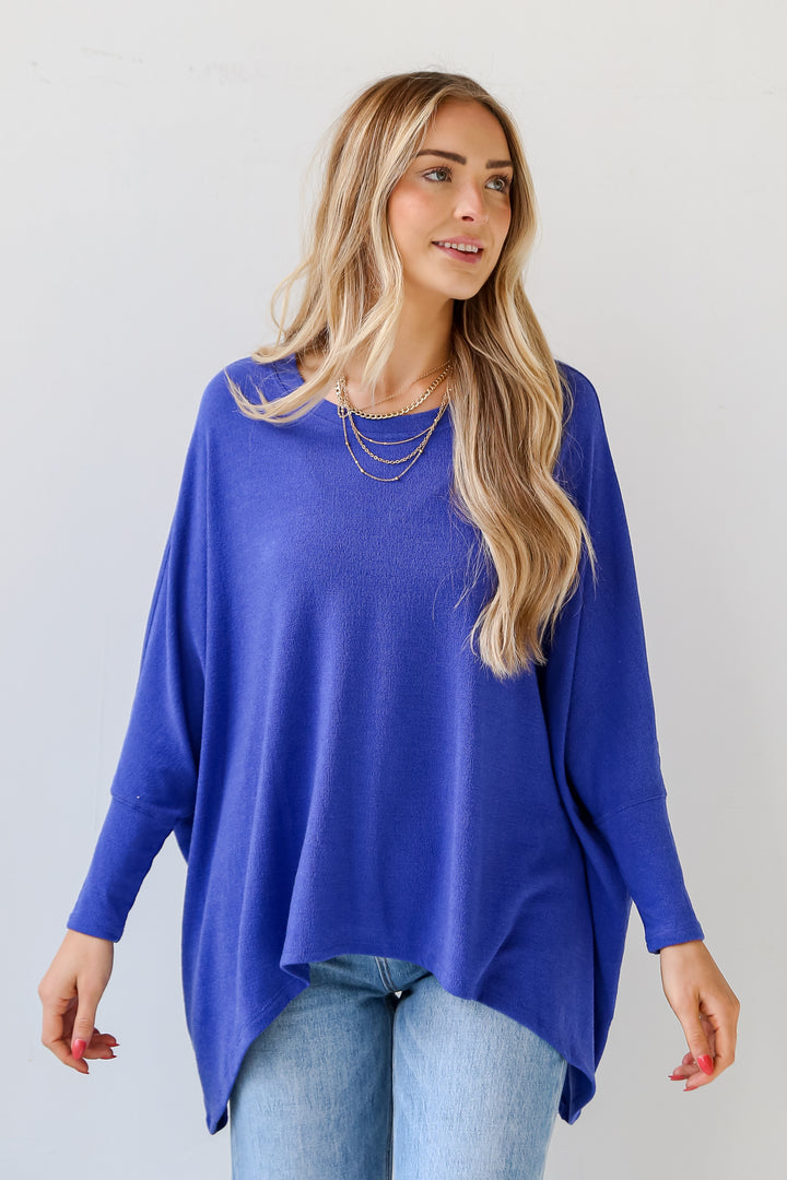 blue Lightweight Knit Oversized Top close up