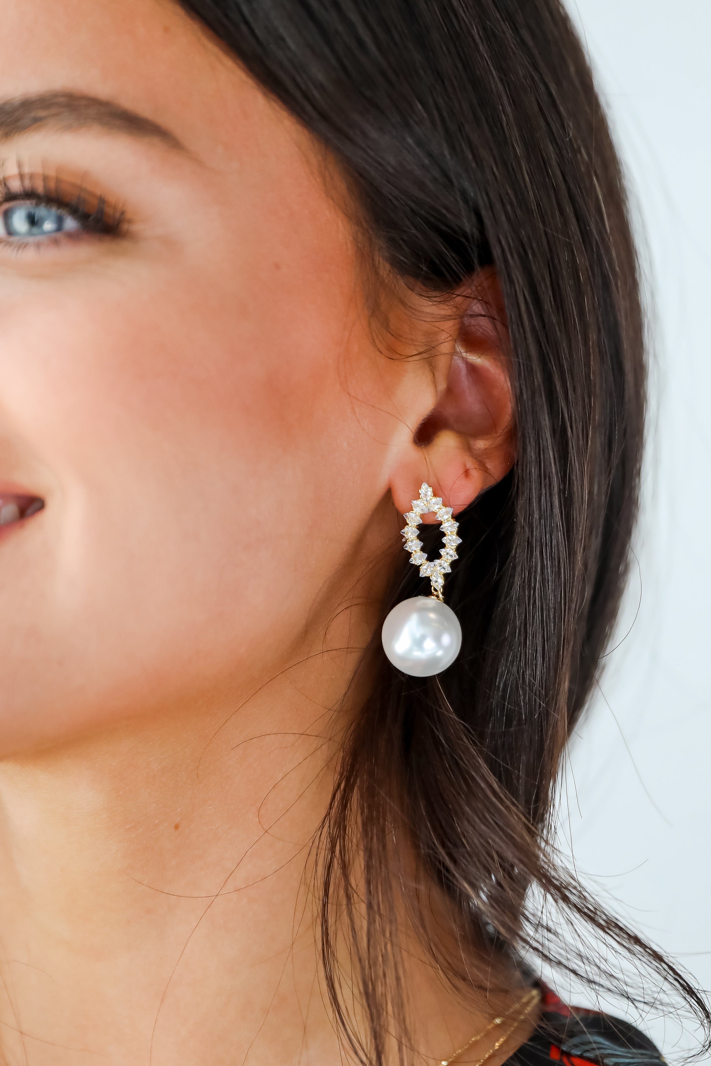 Lena White Rhinestone Pearl Drop Earrings