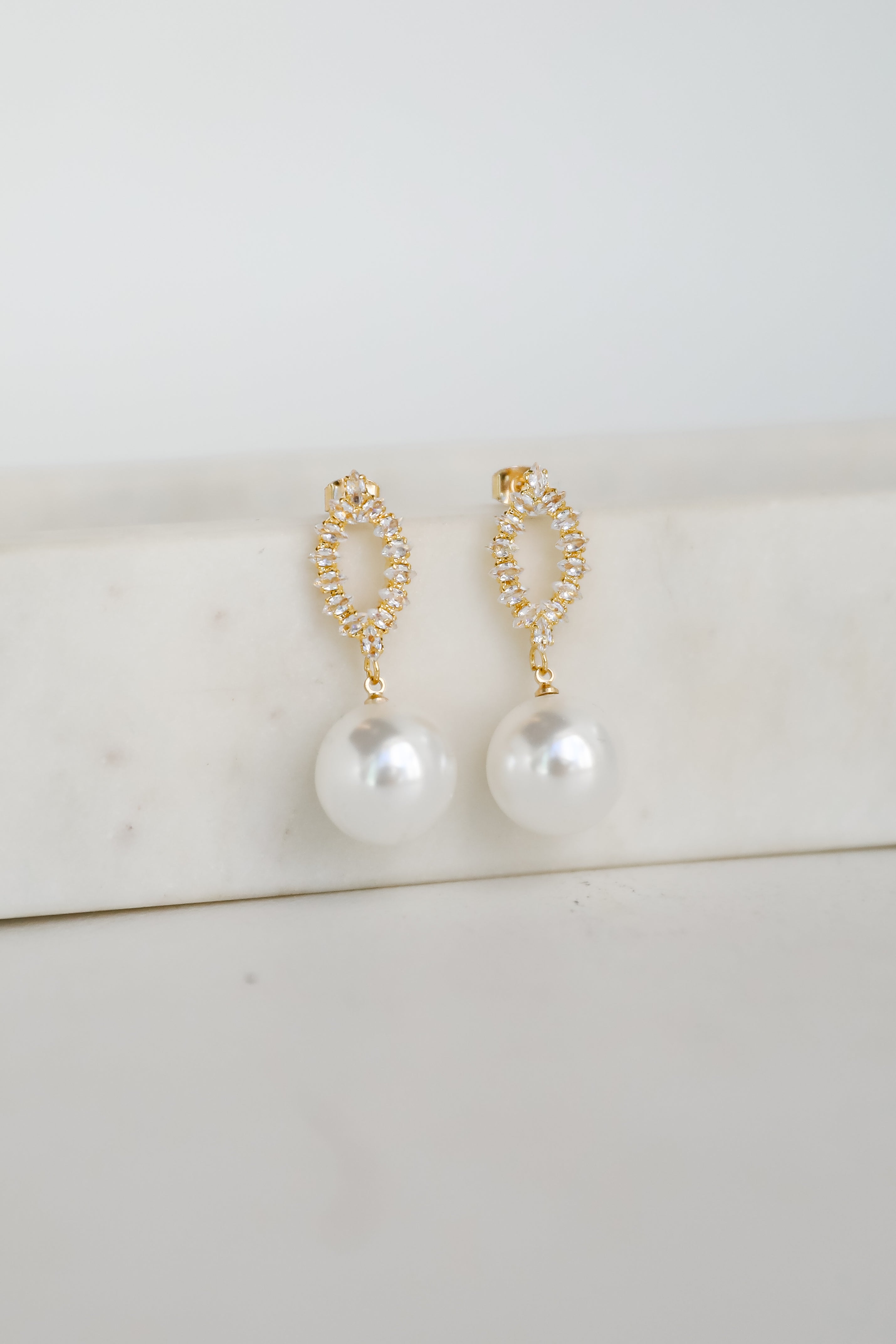 Lena White Rhinestone Pearl Drop Earrings