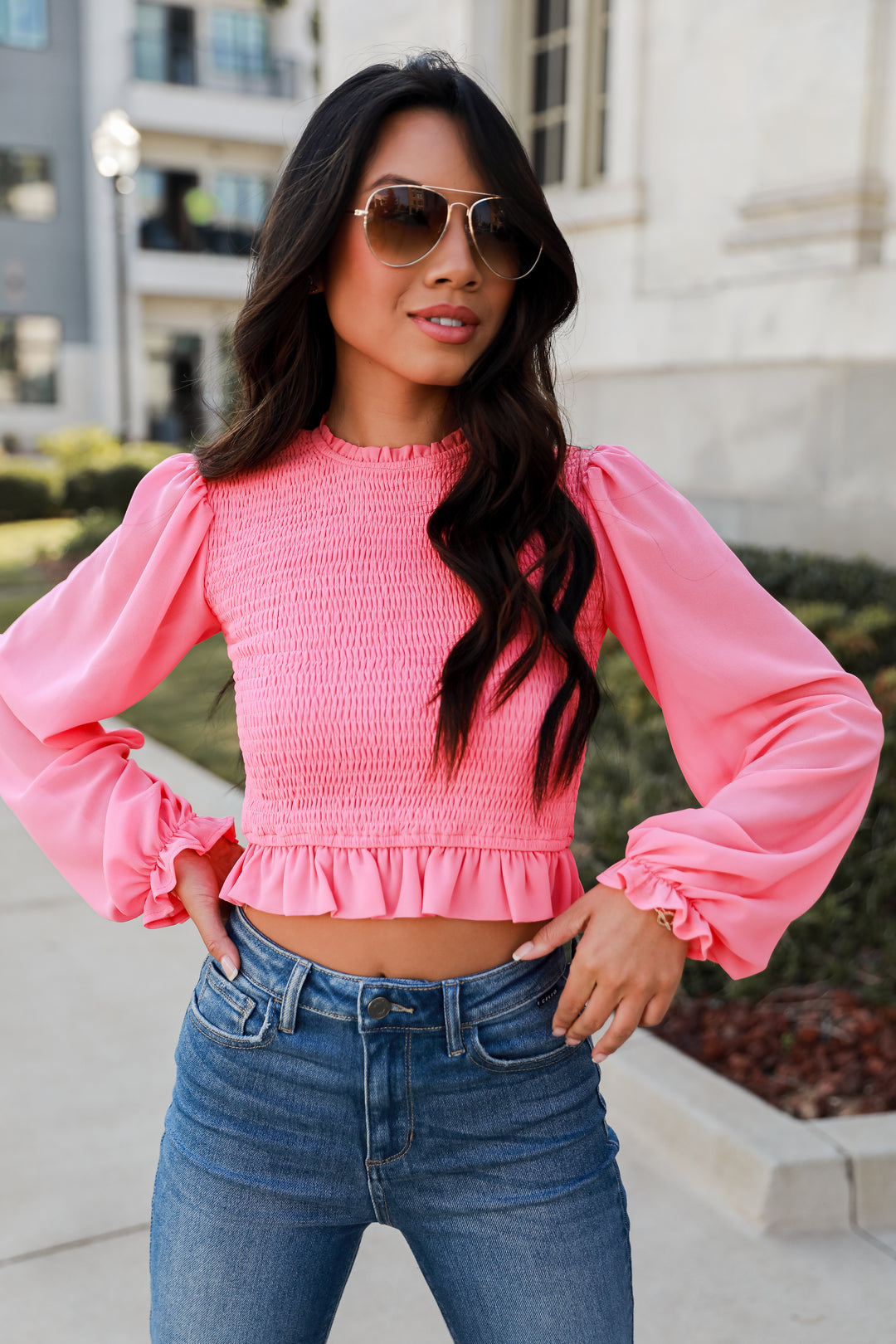 pink Smocked Blouse on model