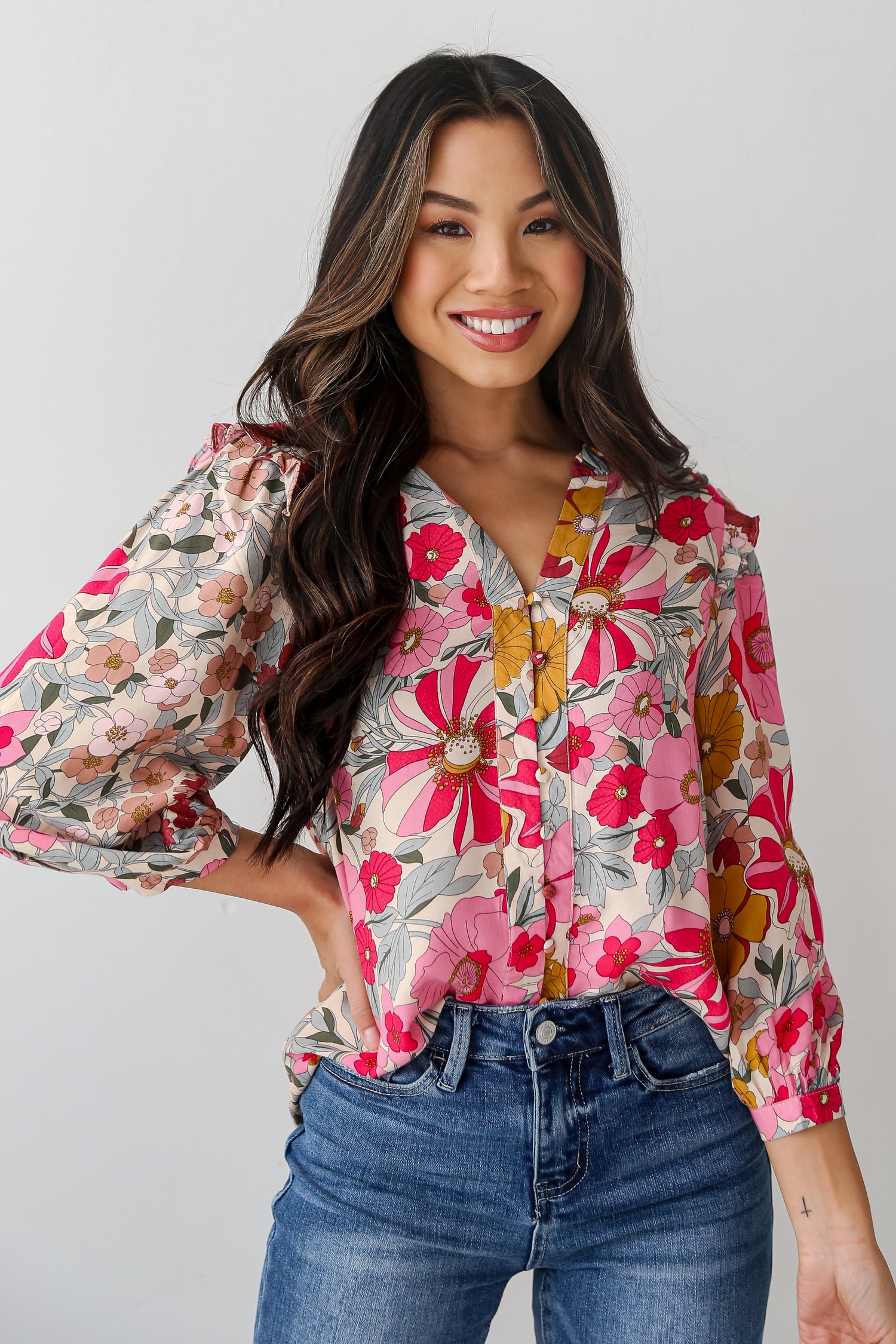 Pink Floral Blouse on dress up model