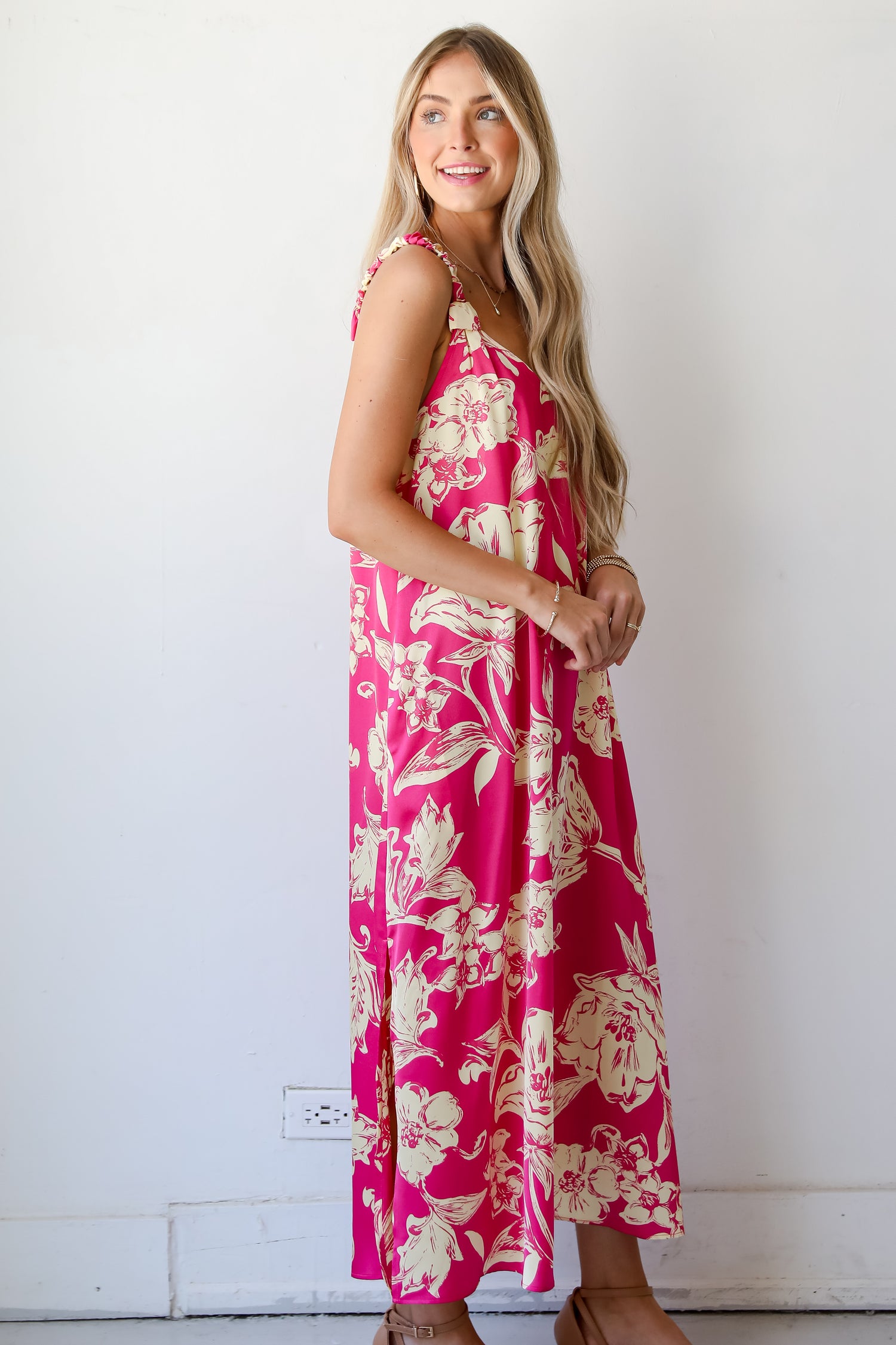 Charming Suggestion Fuchsia Floral Maxi Dress