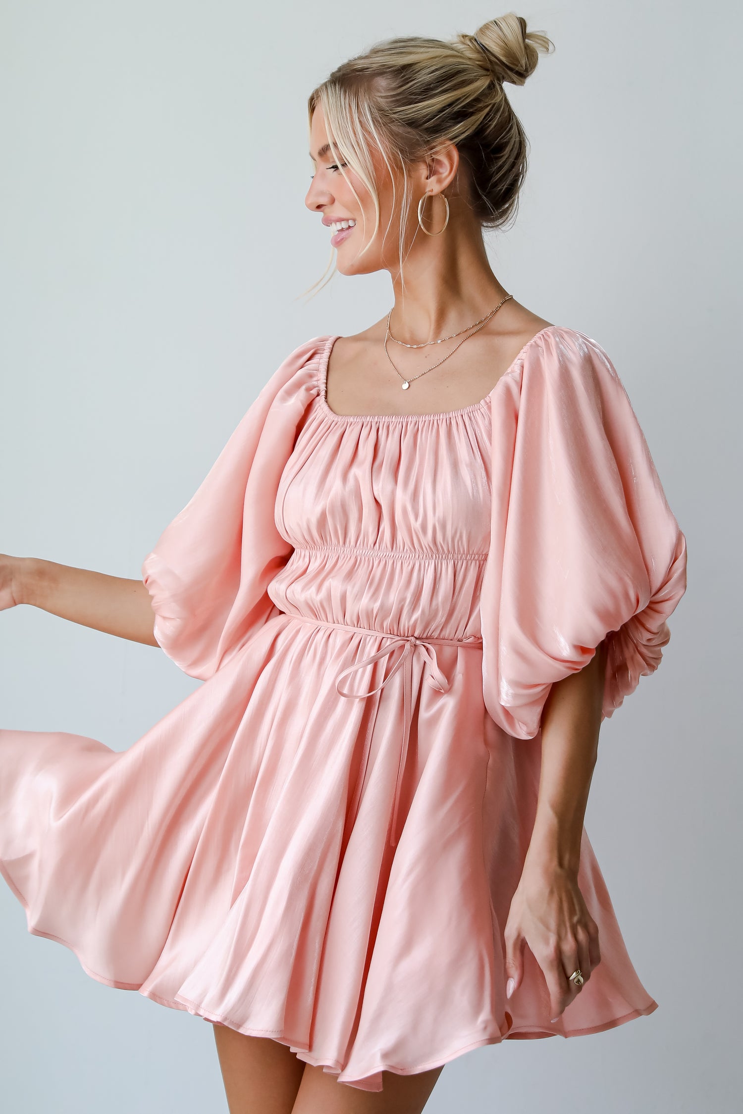 Indescribable Glow Blush Puff Sleeve Mini Dress