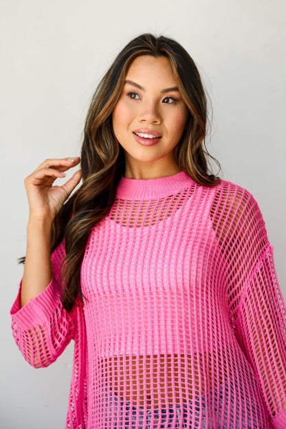 Oh So Sunny Pink Crochet Open Knit Top