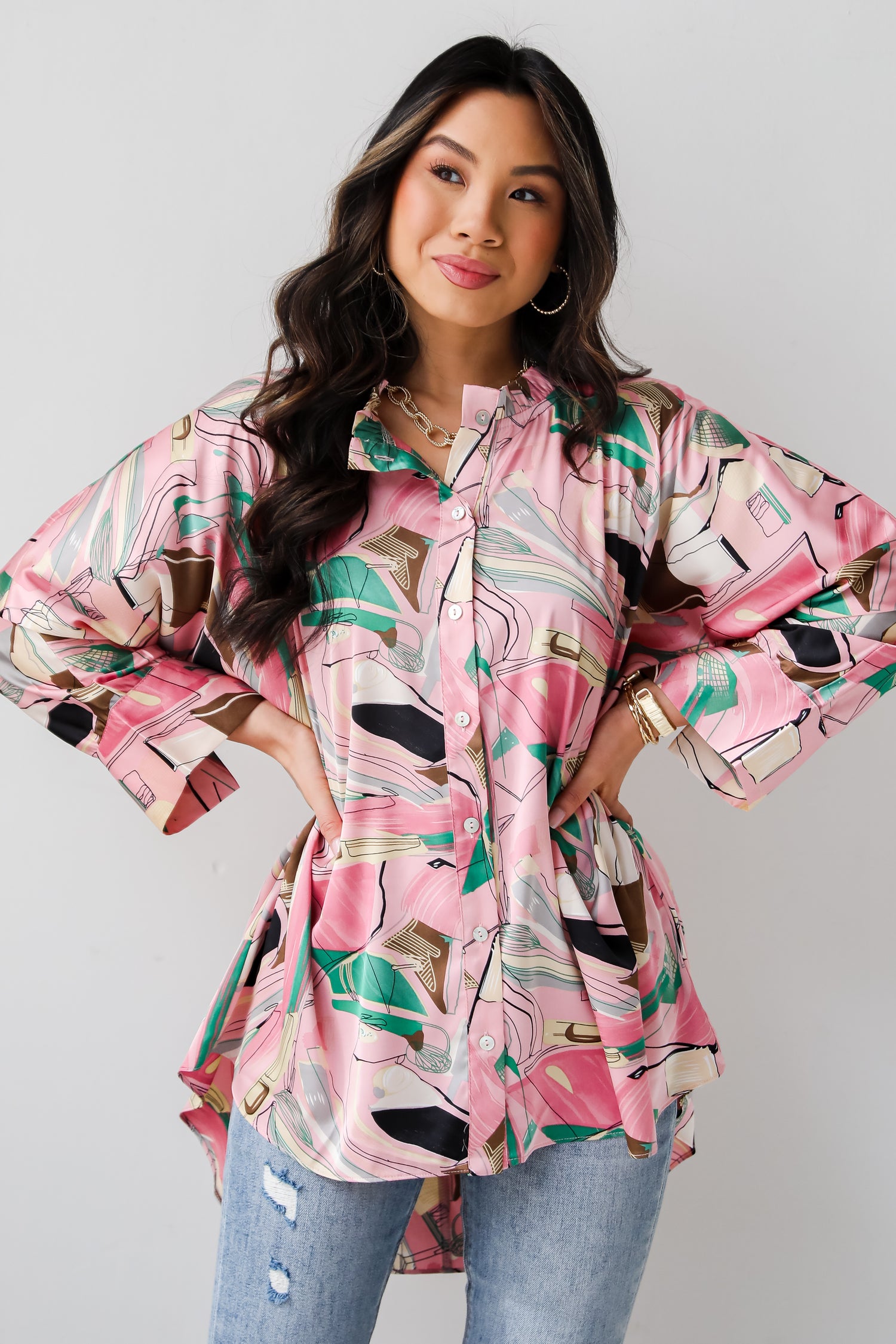Stylish Imagination Pink Satin Oversized Blouse boho tops