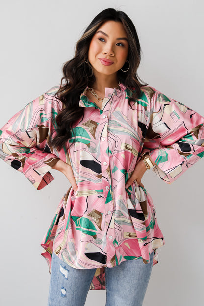 Stylish Imagination Pink Satin Oversized Blouse boho tops