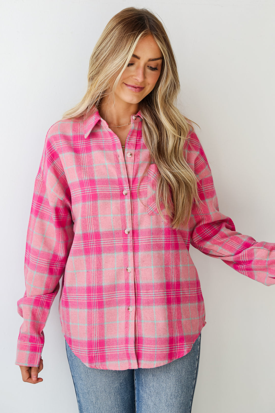 Pink Plaid Oversized Flannel front view