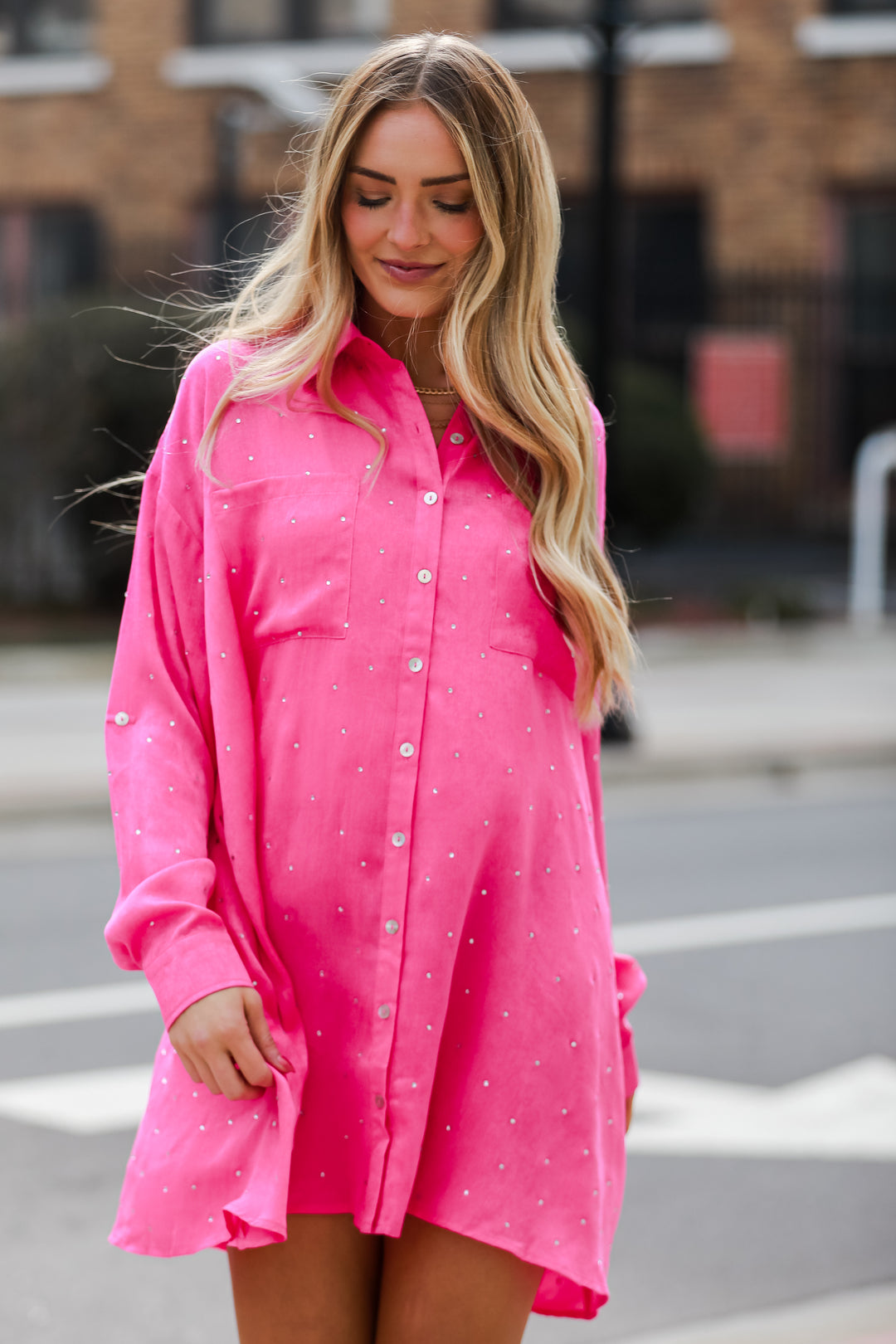 Fuchsia Satin Rhinestone Mini Dress.  Cheap Dresses. Online cheap dresses. Pink Dress. Online Women's Boutique