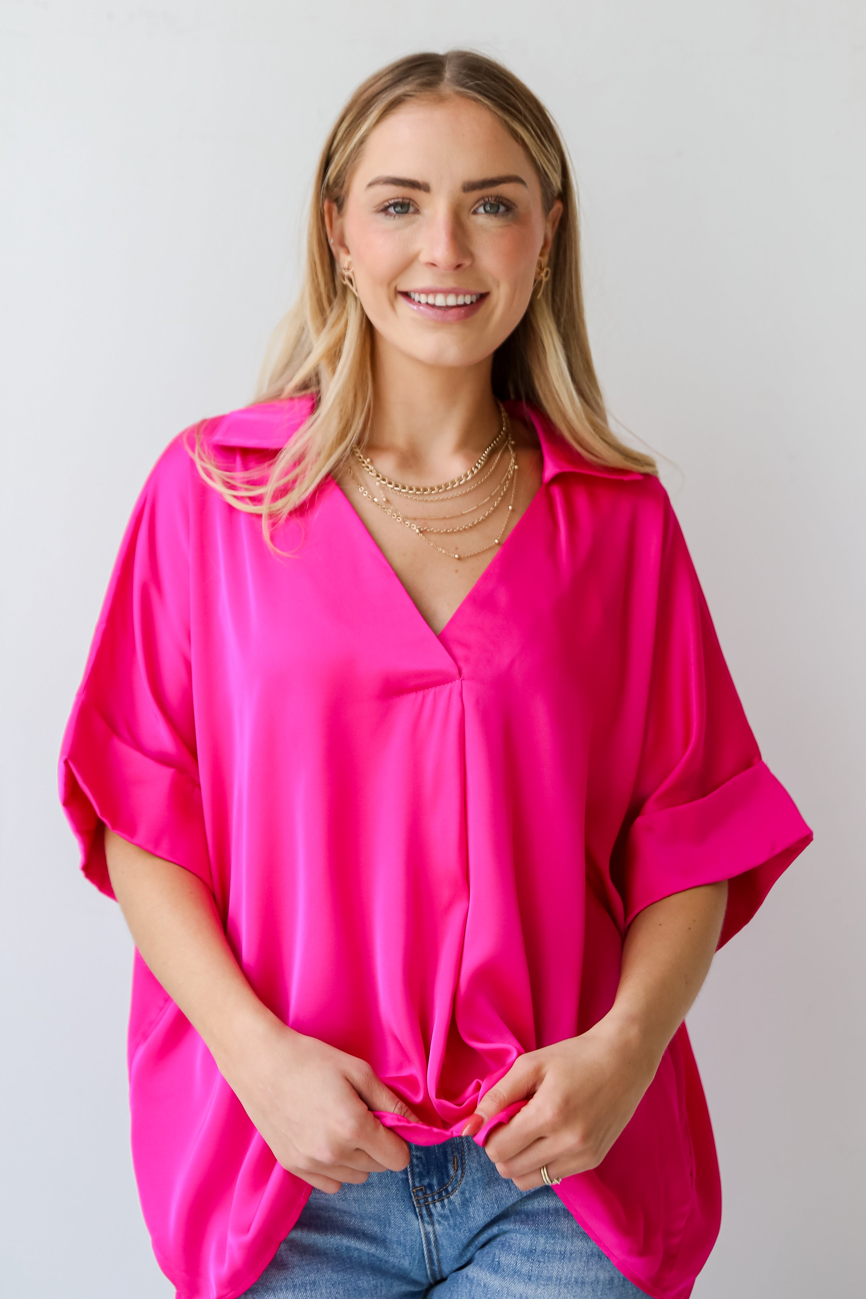 chic Hot Pink Satin Blouse